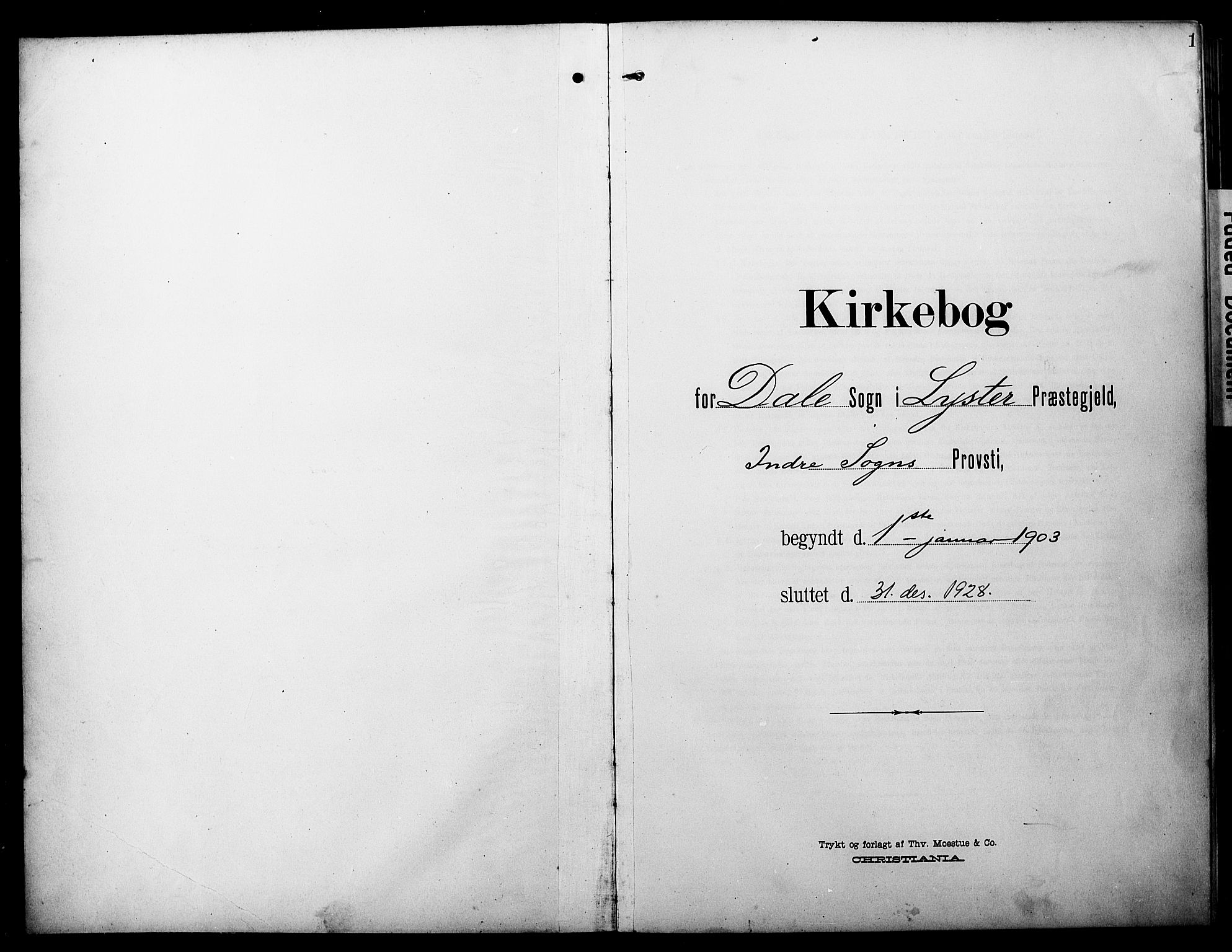 Luster sokneprestembete, SAB/A-81101/H/Hab/Haba/L0001: Klokkerbok nr. A 1, 1903-1930, s. 1