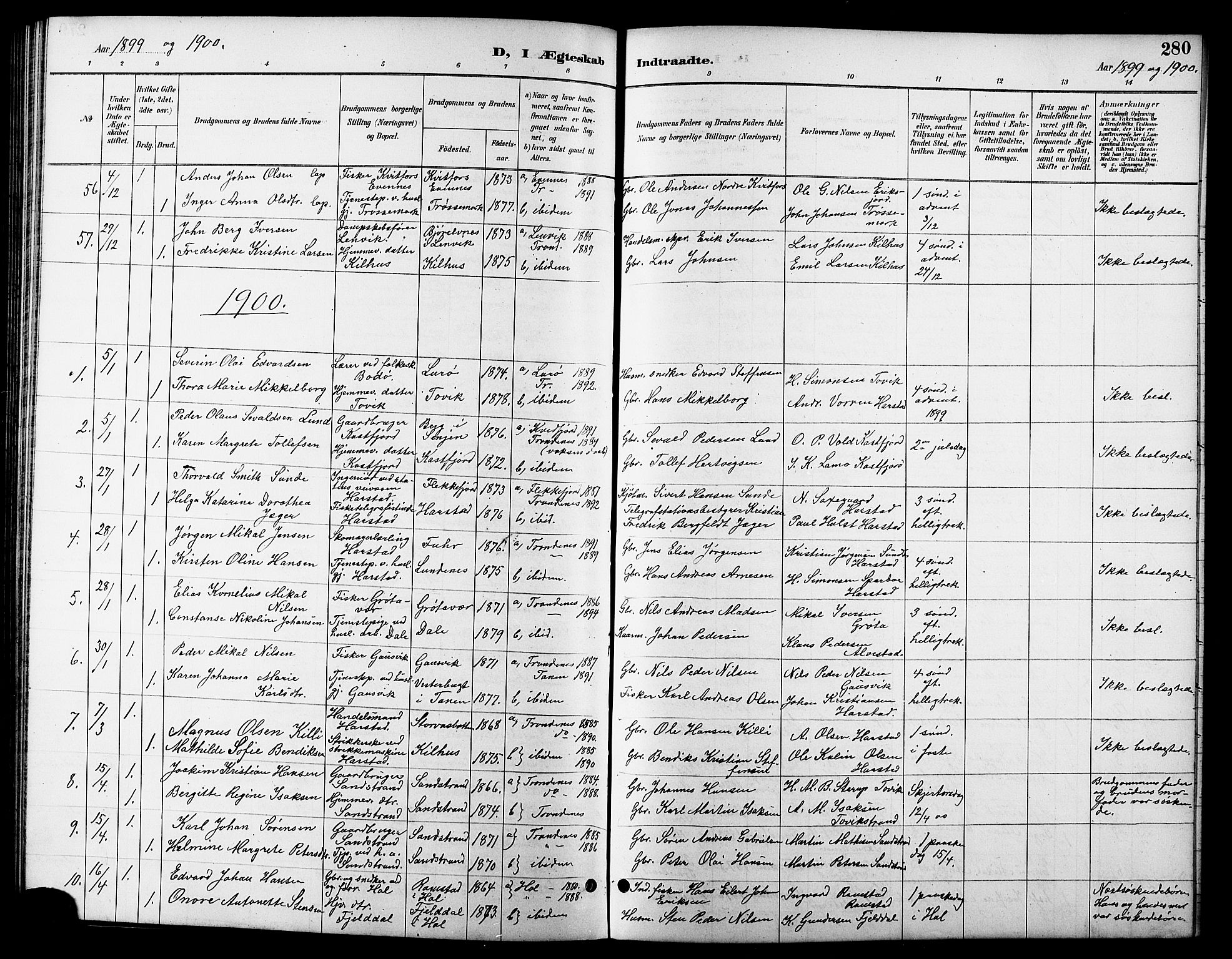 Trondenes sokneprestkontor, AV/SATØ-S-1319/H/Hb/L0011klokker: Klokkerbok nr. 11, 1891-1906, s. 280