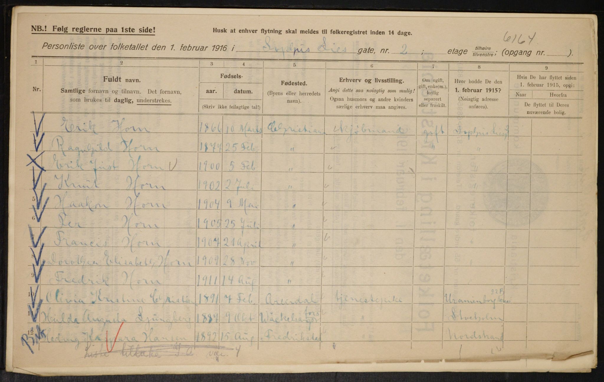 OBA, Kommunal folketelling 1.2.1916 for Kristiania, 1916, s. 102262