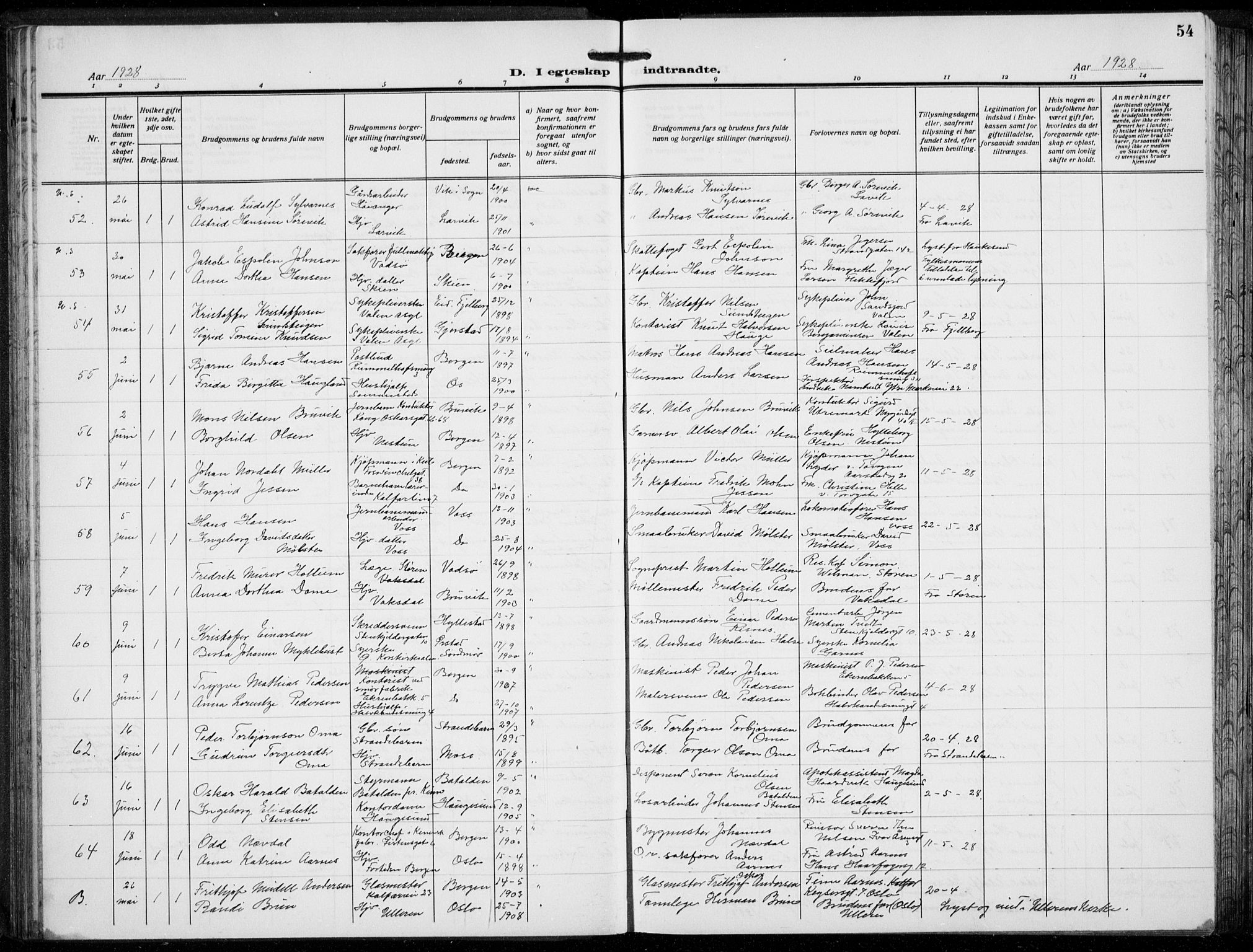 Domkirken sokneprestembete, AV/SAB-A-74801/H/Hab/L0034: Klokkerbok nr. D 6, 1924-1941, s. 54