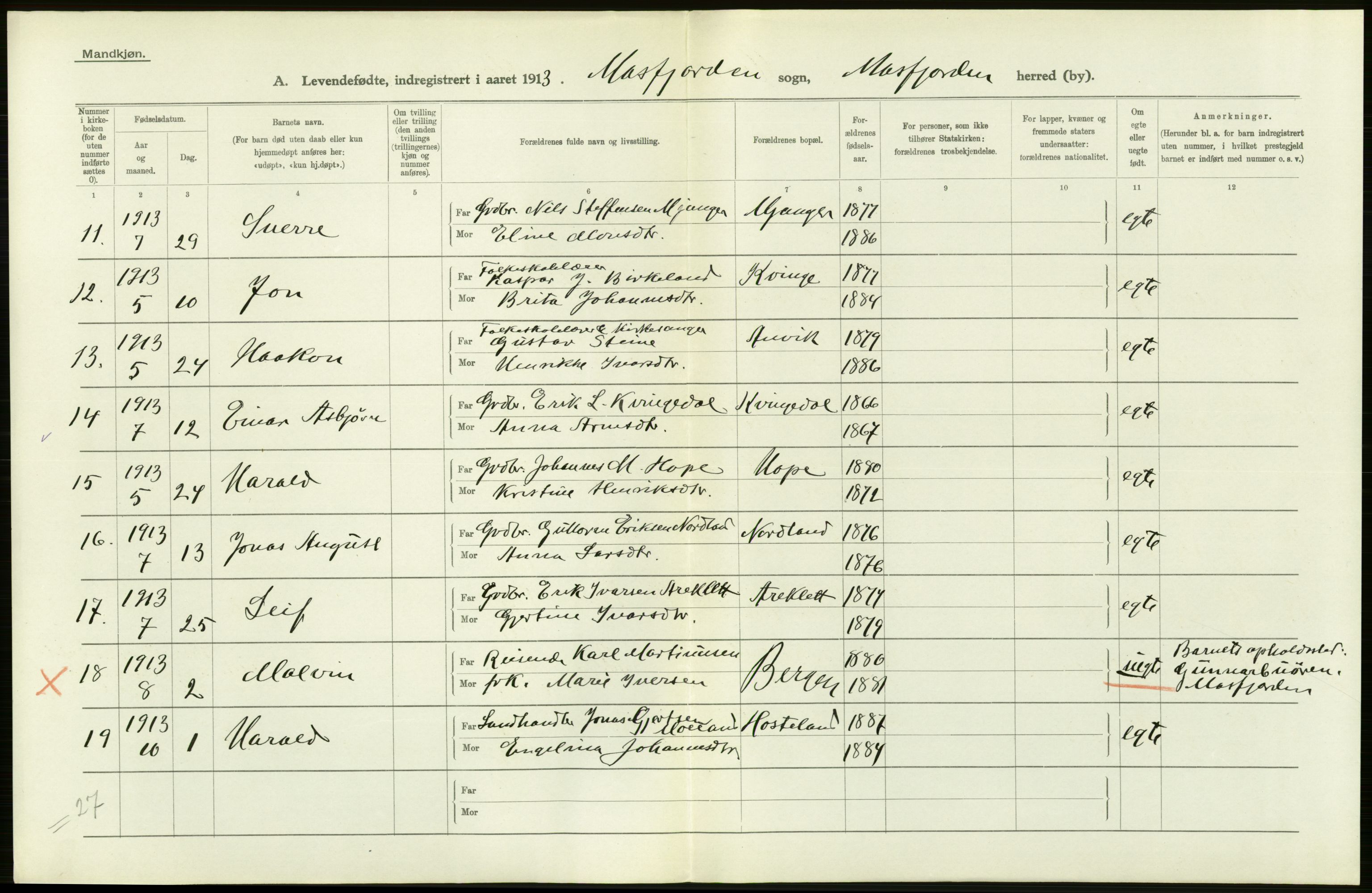 Statistisk sentralbyrå, Sosiodemografiske emner, Befolkning, RA/S-2228/D/Df/Dfb/Dfbc/L0028: S. Bergenhus amt: Levendefødte menn og kvinner. Bygder., 1913