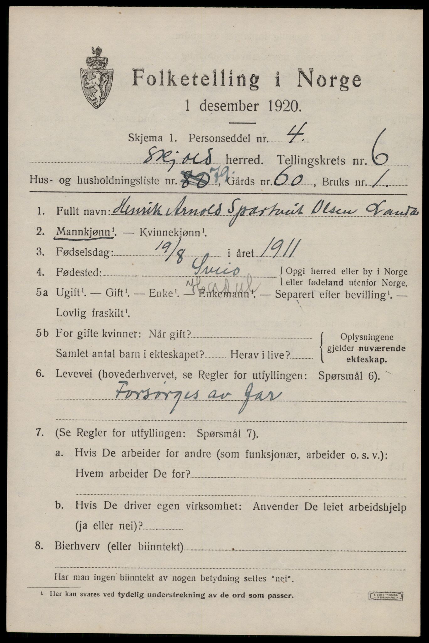 SAST, Folketelling 1920 for 1154 Skjold herred, 1920, s. 3876
