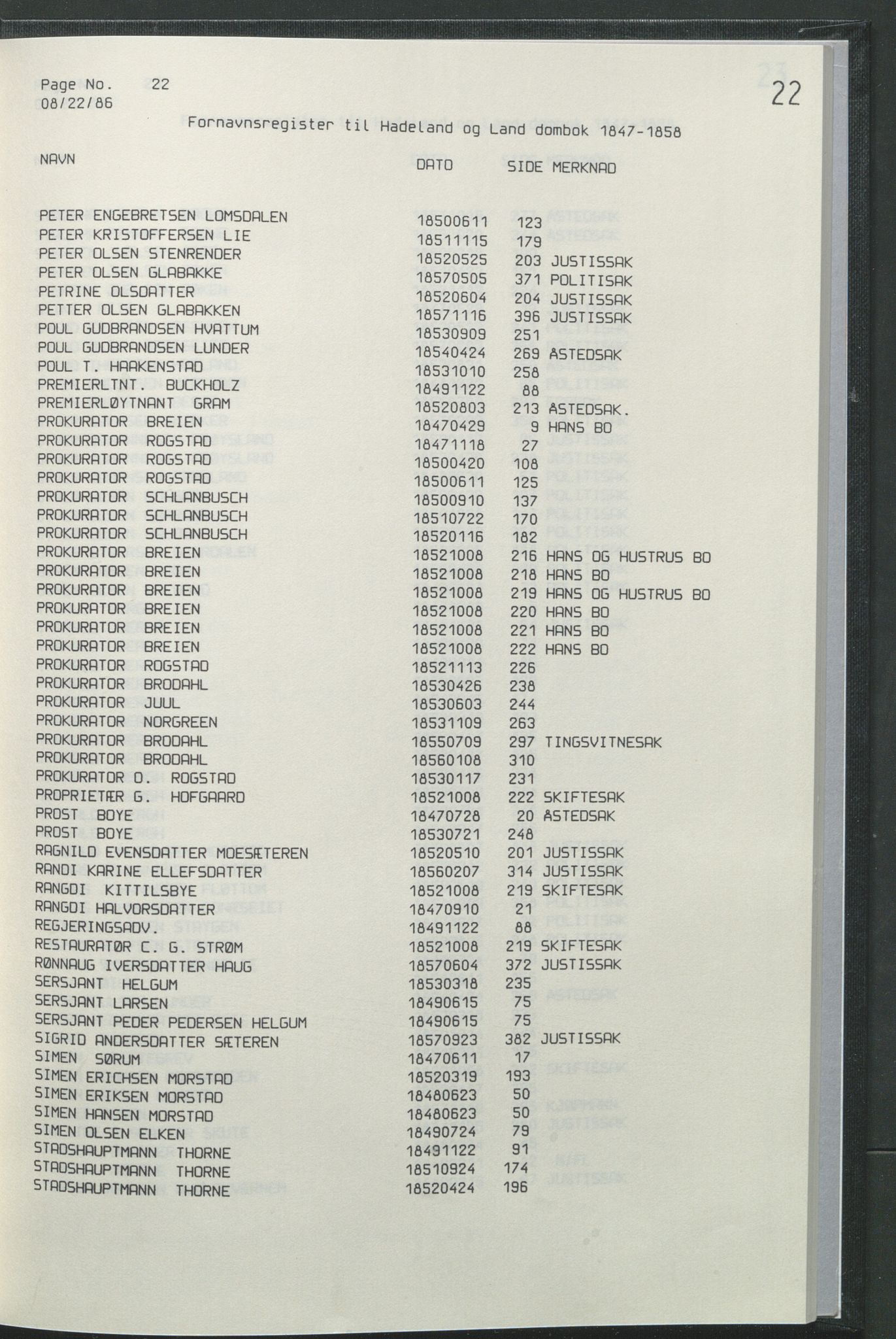 Statsarkivet i Hamar, AV/SAH-SAH-001/H/Hb/L0001/0004: Egne registre og hjelpemidler / Register  til Hadeland og Land sorenskriveri dombok 1 (1847 - 1858), 1847-1858, s. 22