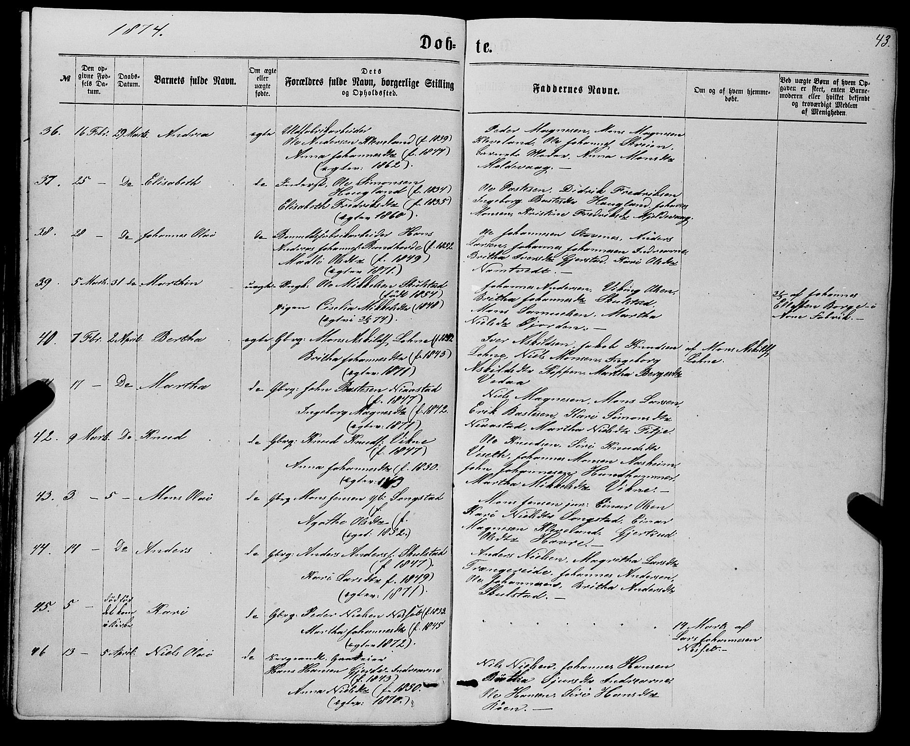 Haus sokneprestembete, AV/SAB-A-75601/H/Haa: Ministerialbok nr. A 18, 1871-1877, s. 43