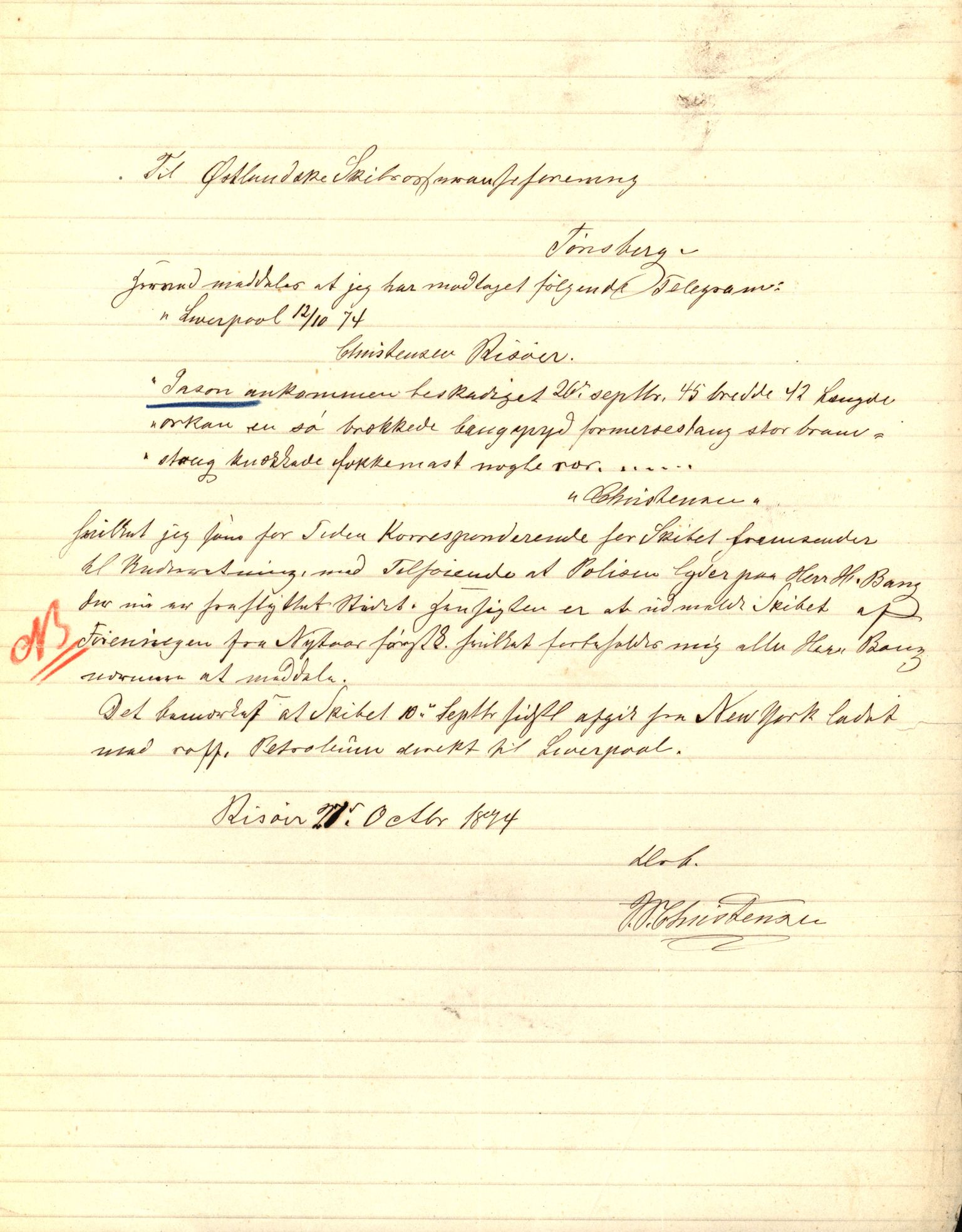 Pa 63 - Østlandske skibsassuranceforening, VEMU/A-1079/G/Ga/L0006/0011: Havaridokumenter / Jason, 1874
