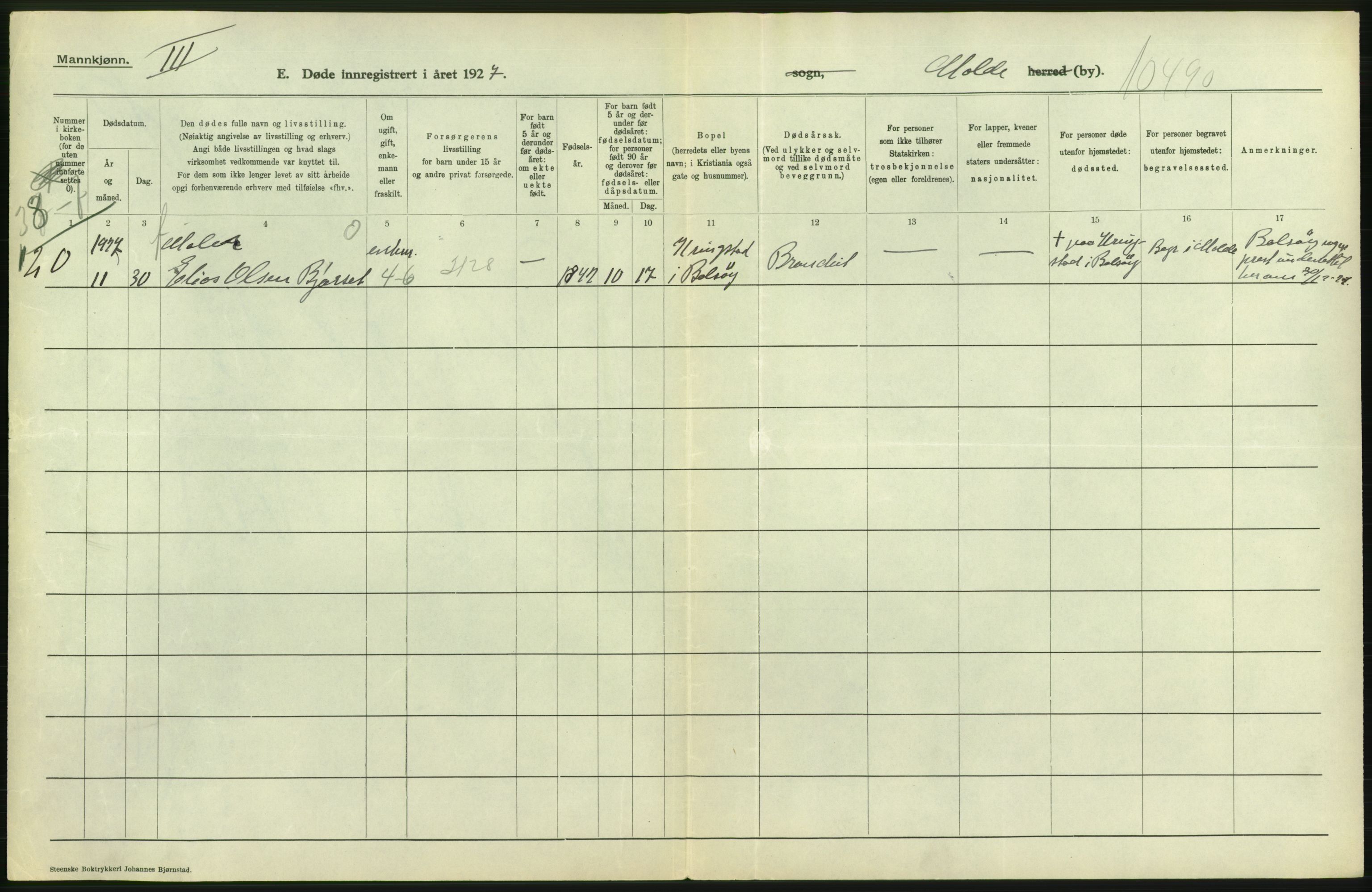 Statistisk sentralbyrå, Sosiodemografiske emner, Befolkning, AV/RA-S-2228/D/Df/Dfc/Dfcg/L0034: Møre fylke: Døde. Bygder og byer., 1927, s. 84