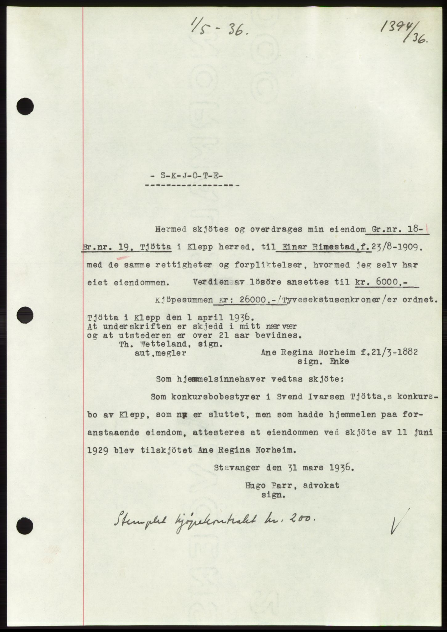Jæren sorenskriveri, SAST/A-100310/03/G/Gba/L0065: Pantebok nr. 71, 1936-1936, Dagboknr: 1394/1936