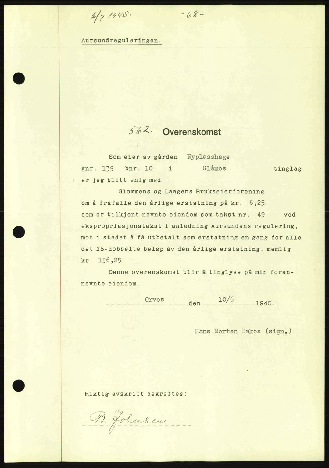 Gauldal sorenskriveri, SAT/A-0014/1/2/2C: Pantebok nr. A1a, 1945-1945, Dagboknr: 562/1945