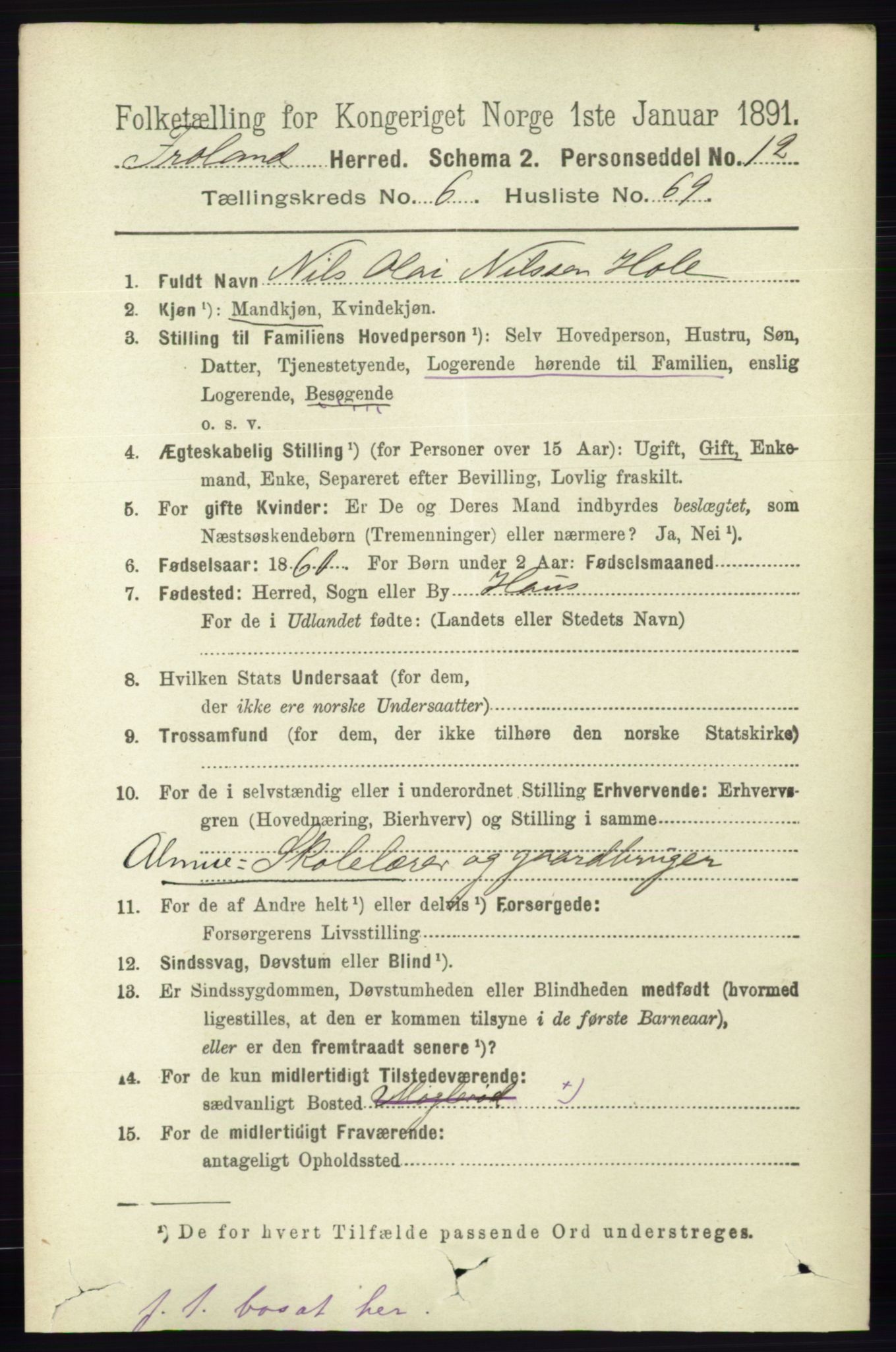 RA, Folketelling 1891 for 0919 Froland herred, 1891, s. 2621