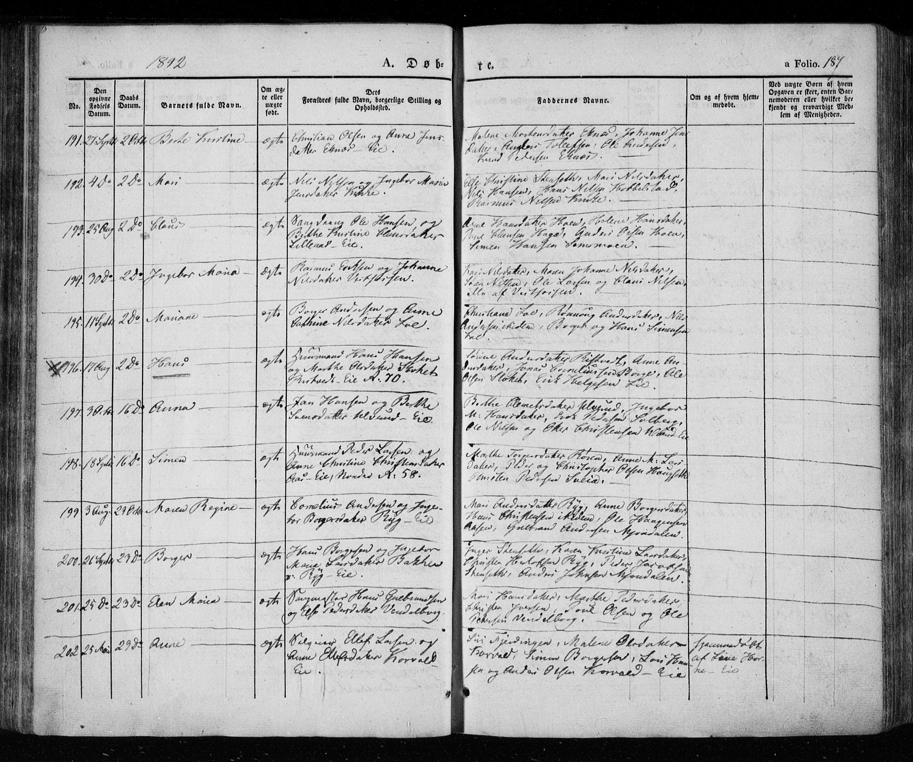 Eiker kirkebøker, AV/SAKO-A-4/F/Fa/L0013a: Ministerialbok nr. I 13A, 1832-1845, s. 187