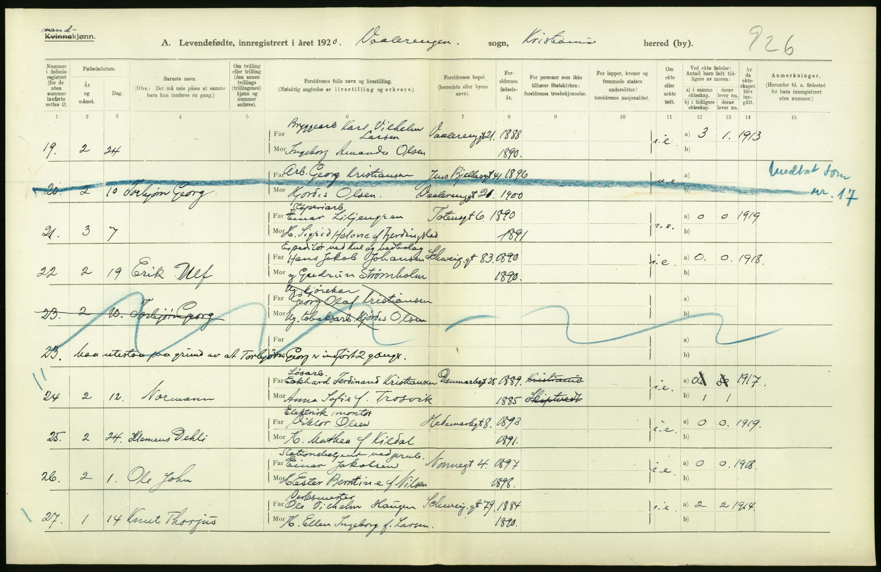 Statistisk sentralbyrå, Sosiodemografiske emner, Befolkning, RA/S-2228/D/Df/Dfb/Dfbj/L0008: Kristiania: Levendefødte menn og kvinner., 1920, s. 86