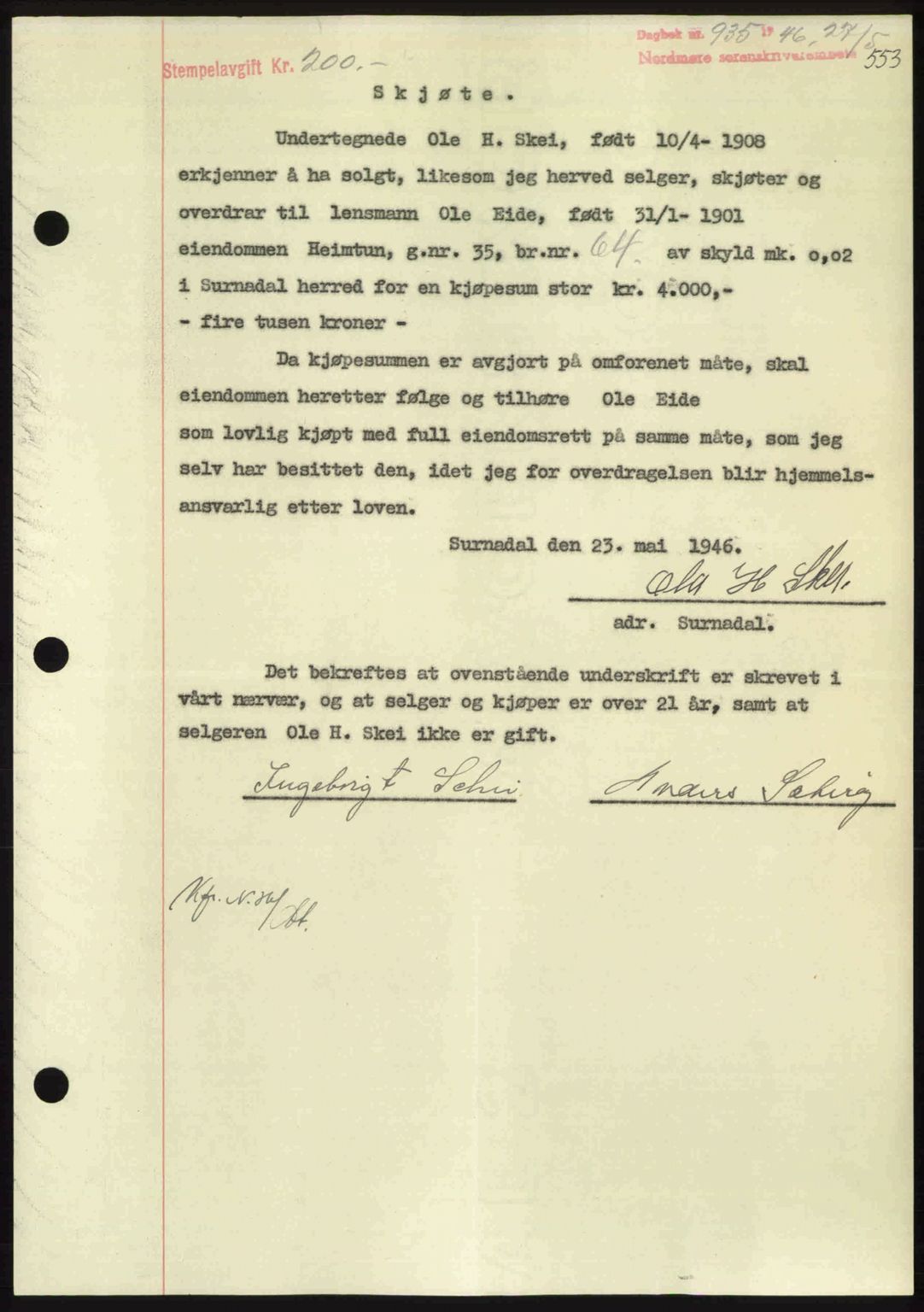 Nordmøre sorenskriveri, AV/SAT-A-4132/1/2/2Ca: Pantebok nr. A101, 1946-1946, Dagboknr: 935/1946