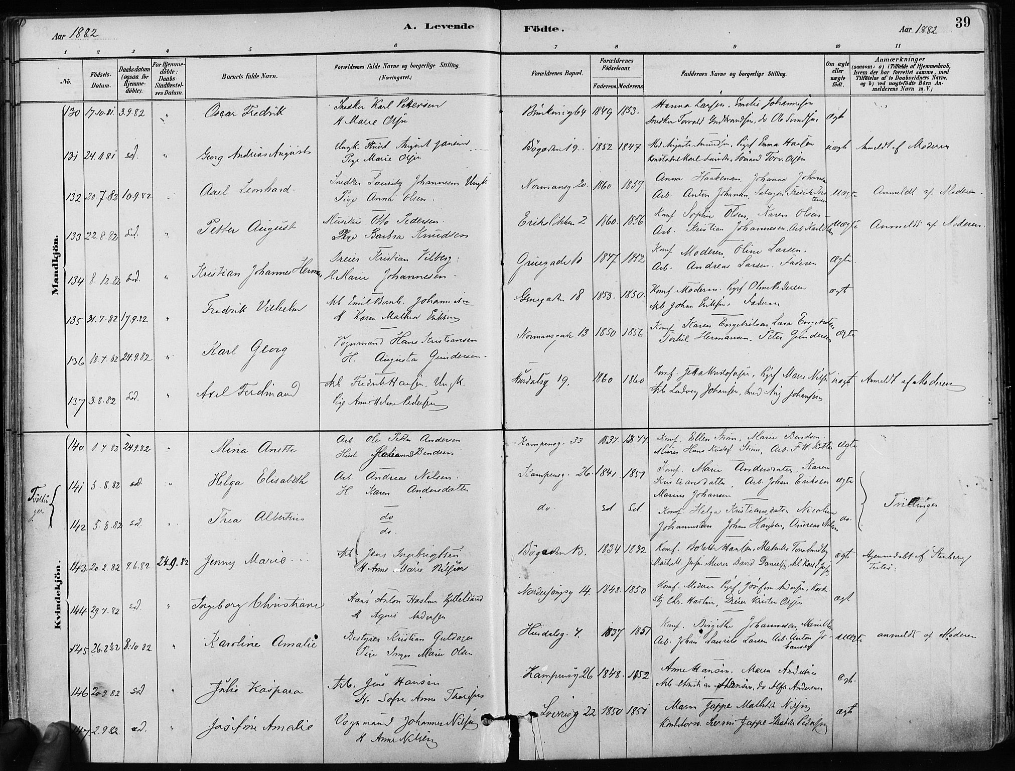 Kampen prestekontor Kirkebøker, AV/SAO-A-10853/F/Fa/L0001: Ministerialbok nr. I 1, 1880-1886, s. 39