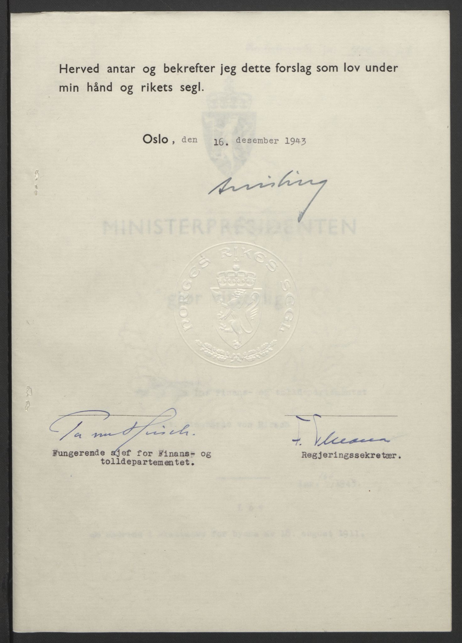 NS-administrasjonen 1940-1945 (Statsrådsekretariatet, de kommisariske statsråder mm), RA/S-4279/D/Db/L0099: Lover, 1943, s. 786