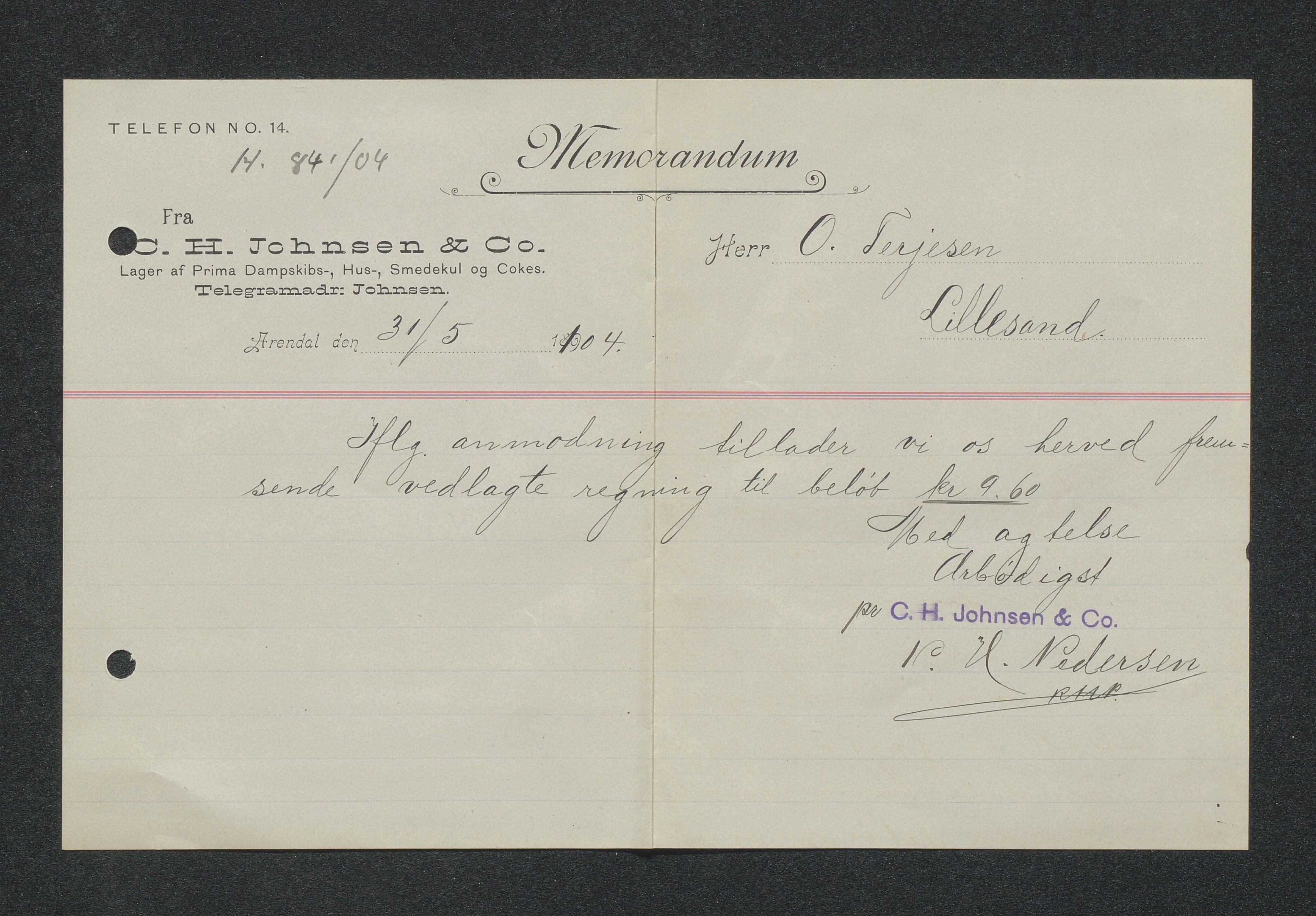 O. Terjesens rederi, AAKS/PA-2525/E/E01/L0013: Korrespondanse, 1904-1905
