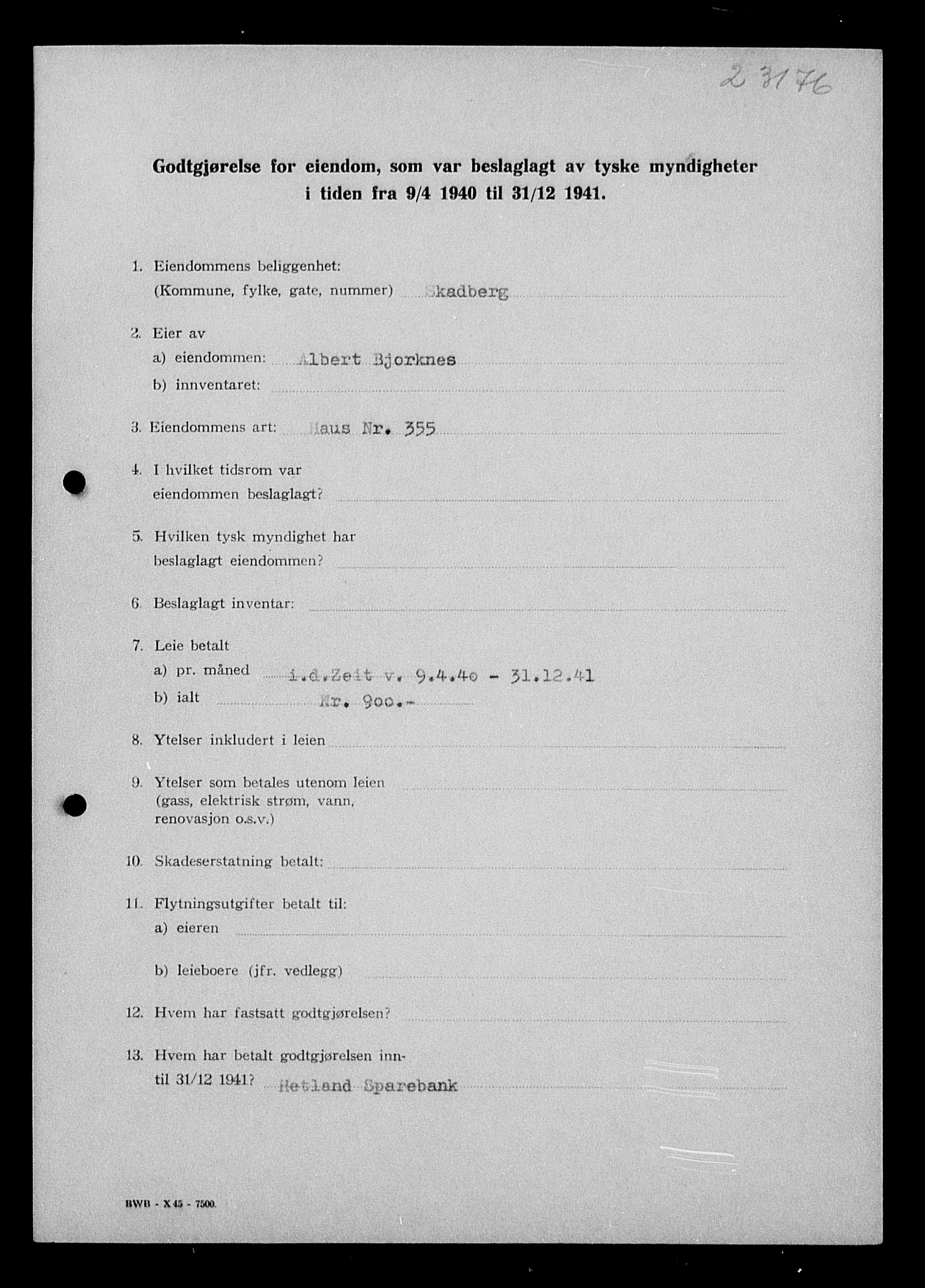 Justisdepartementet, Tilbakeføringskontoret for inndratte formuer, AV/RA-S-1564/I/L1014: Godtgjørelse for beslaglagt eiendom, 1940-1941, s. 180