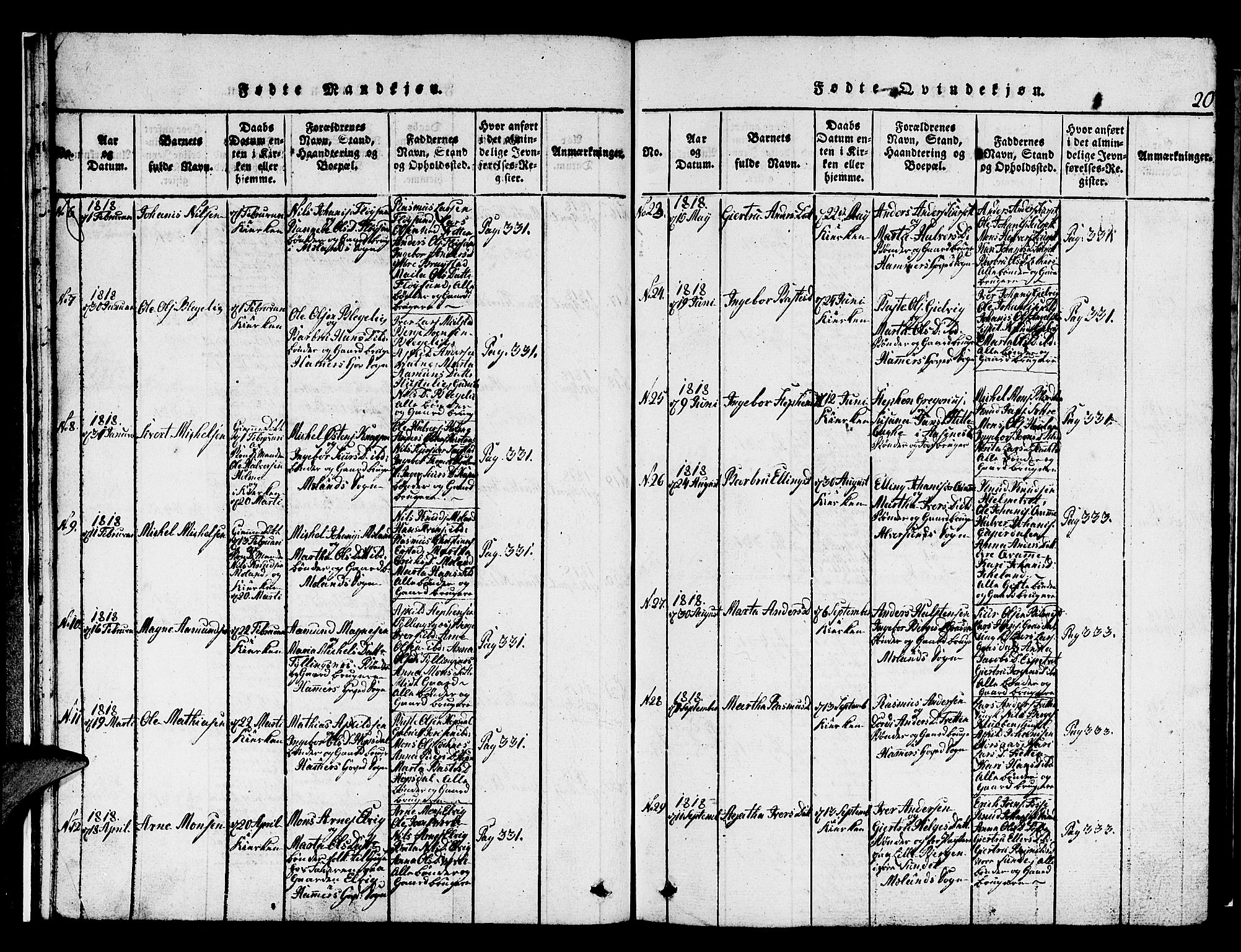 Hamre sokneprestembete, AV/SAB-A-75501/H/Ha/Hab: Klokkerbok nr. A 1, 1816-1826, s. 20