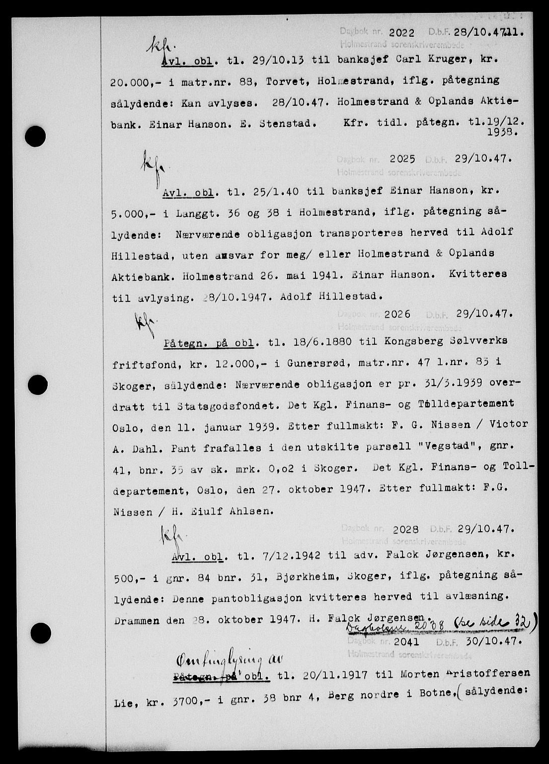 Holmestrand sorenskriveri, SAKO/A-67/G/Ga/Gab/L0058: Pantebok nr. B-58, 1947-1948, s. 11, Dagboknr: 2022/1947