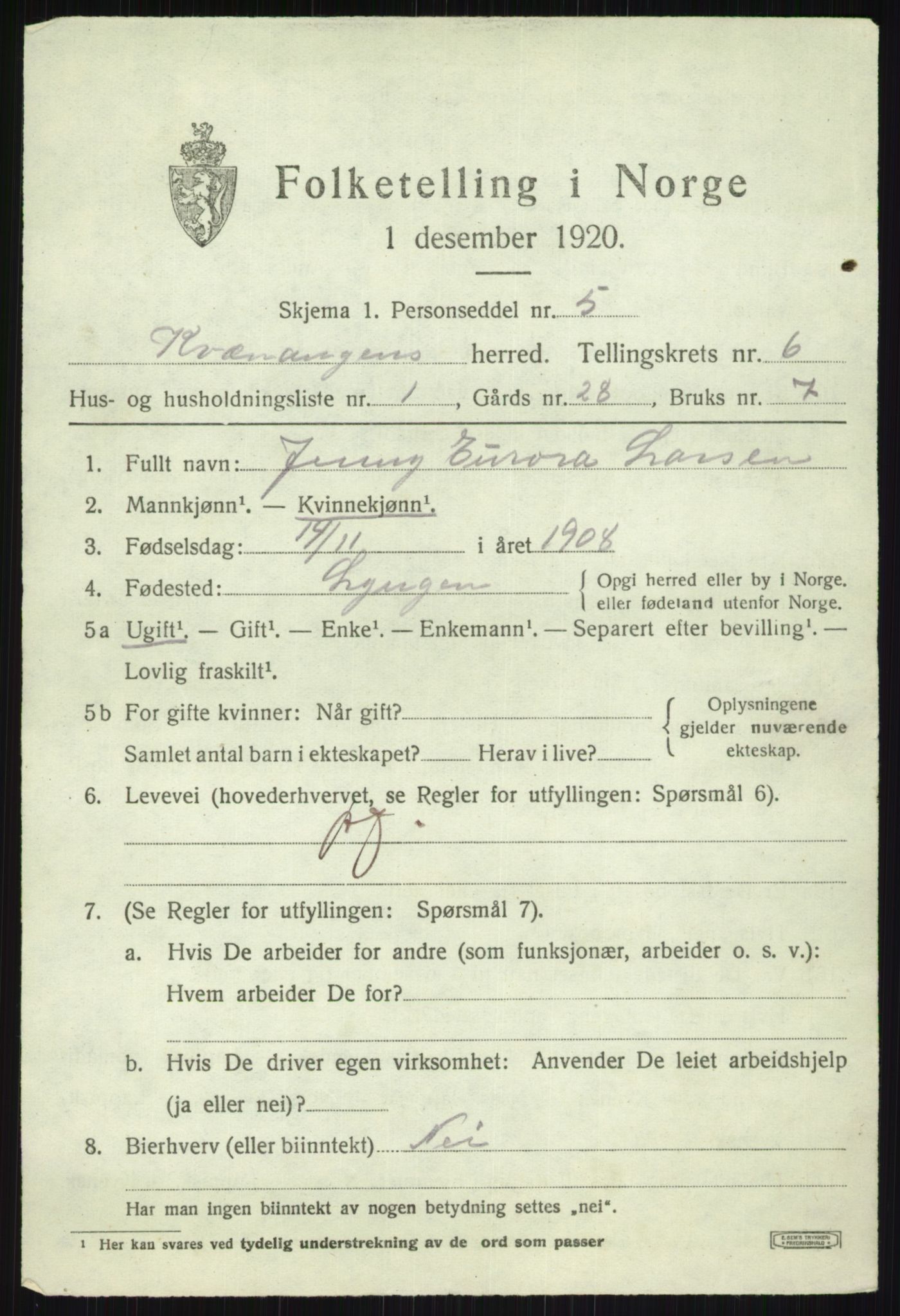 SATØ, Folketelling 1920 for 1943 Kvænangen herred, 1920, s. 3630