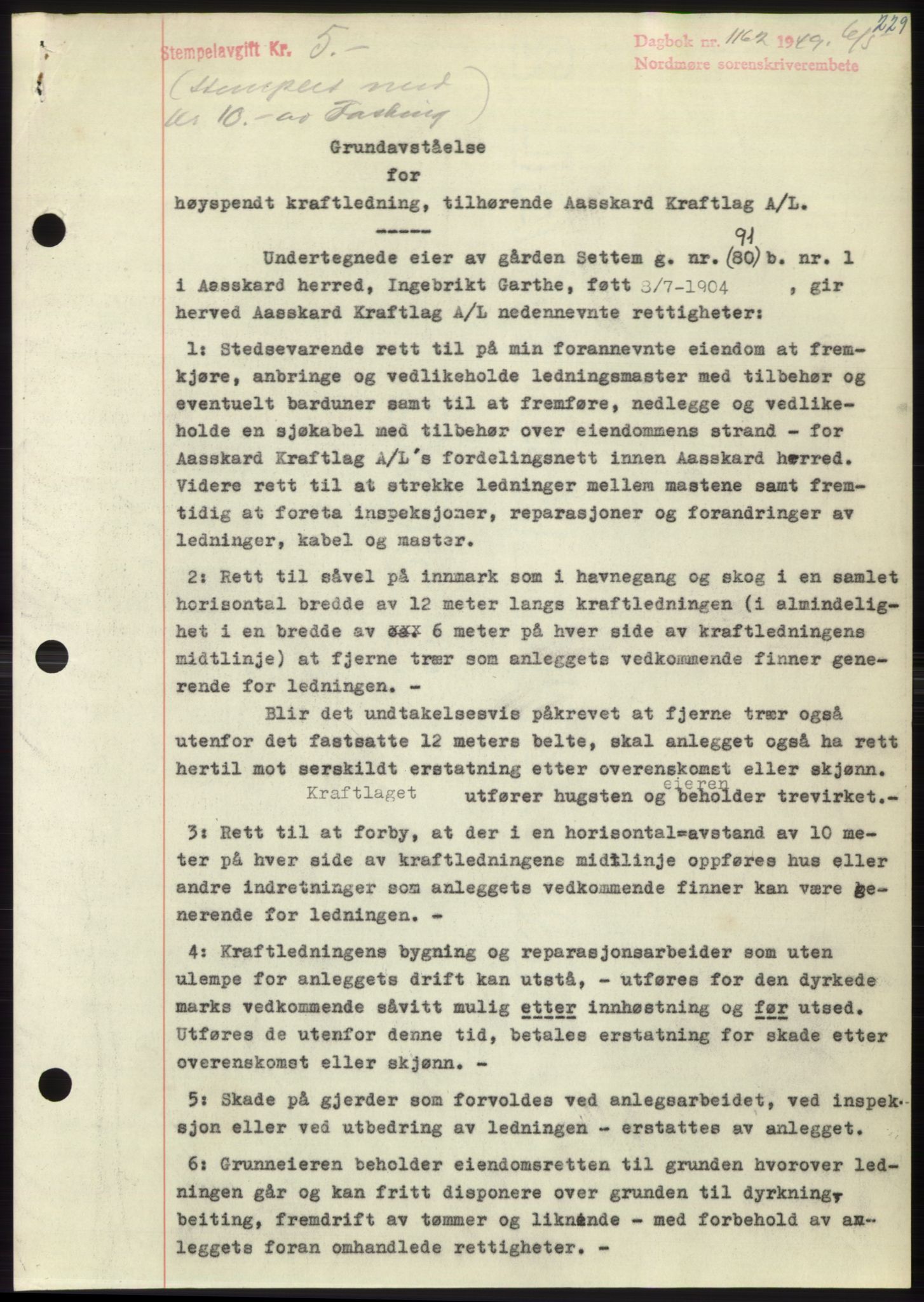Nordmøre sorenskriveri, SAT/A-4132/1/2/2Ca: Pantebok nr. B101, 1949-1949, Dagboknr: 1162/1949
