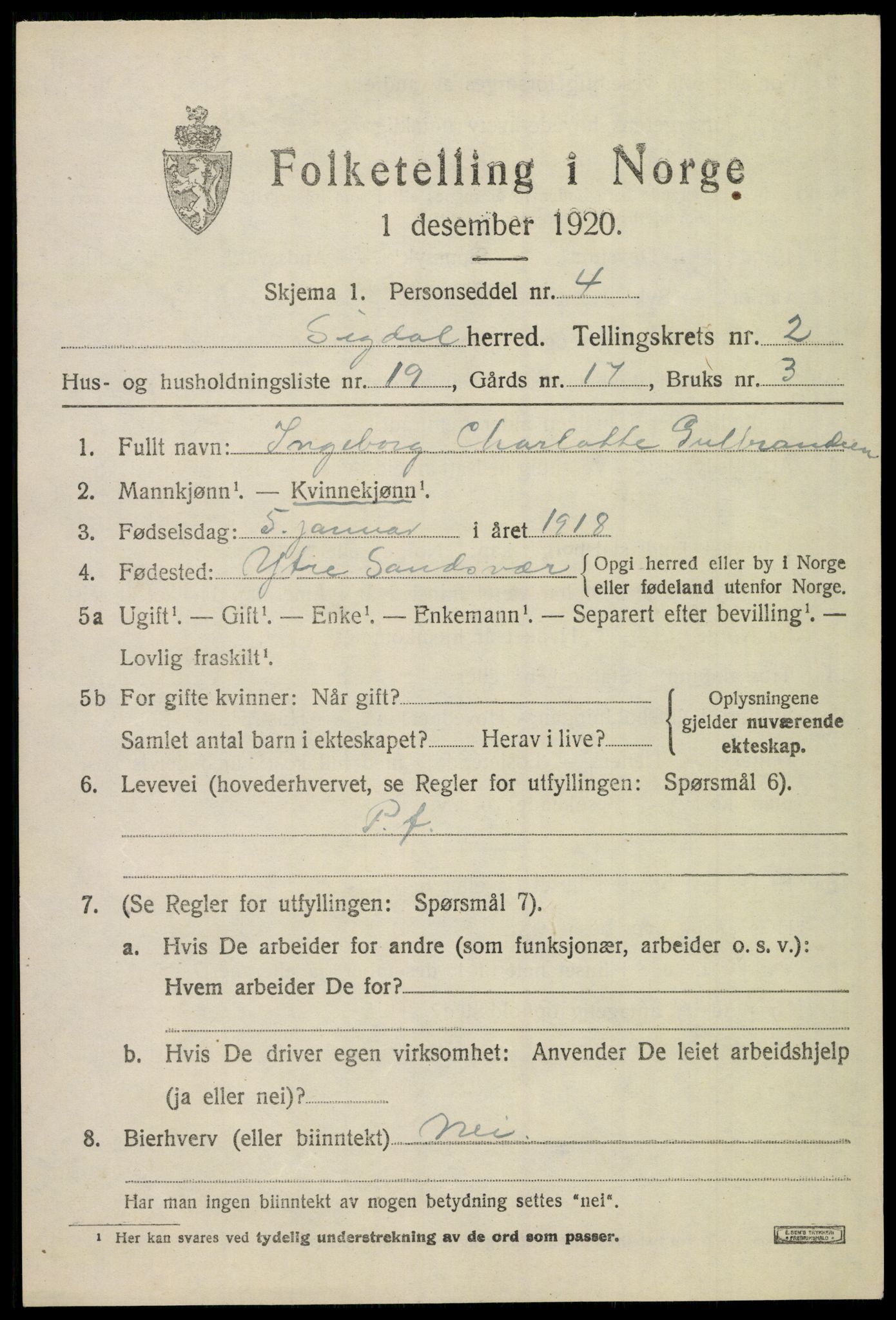 SAKO, Folketelling 1920 for 0621 Sigdal herred, 1920, s. 2232