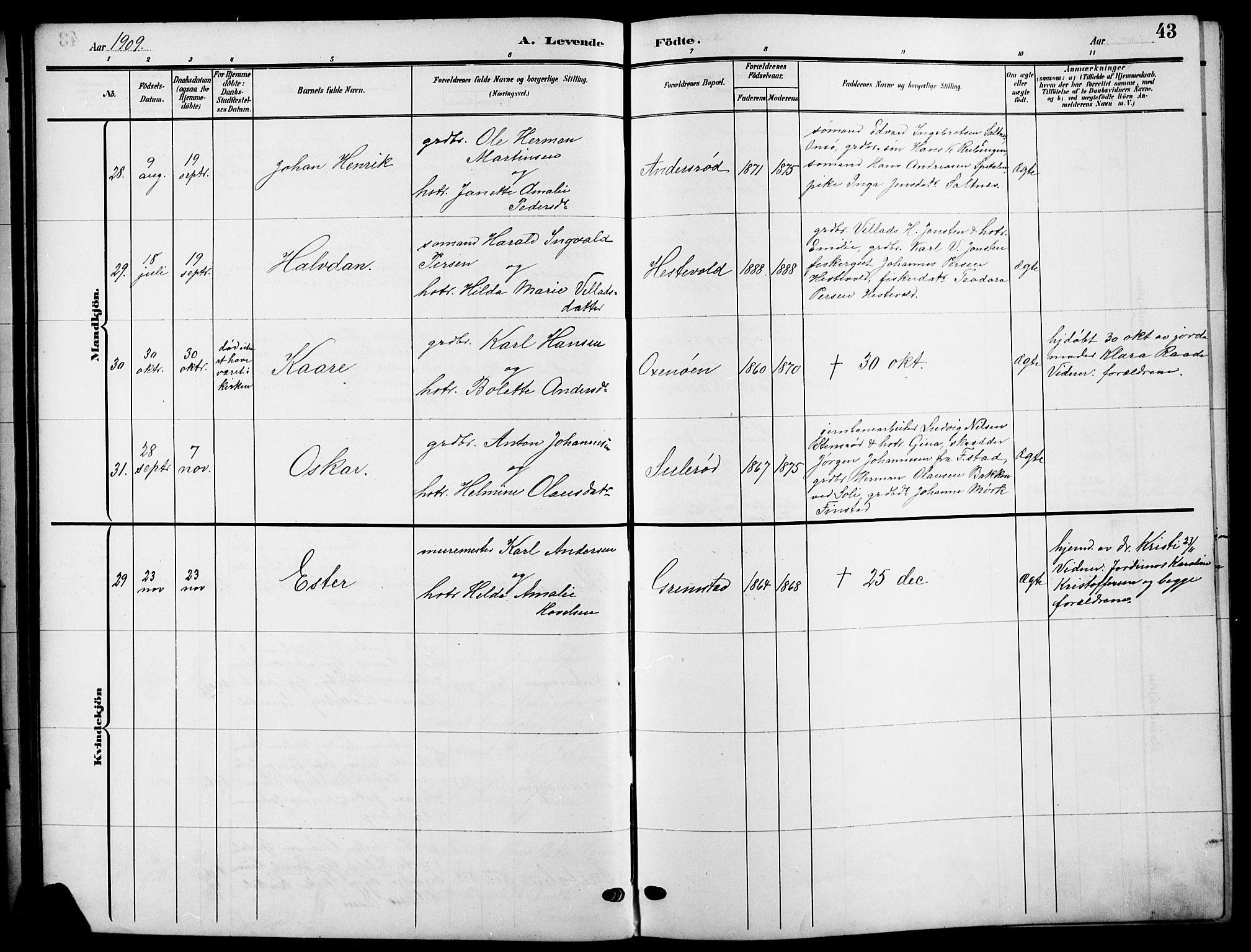 Råde prestekontor kirkebøker, AV/SAO-A-2009/G/Ga/L0001: Klokkerbok nr. 1, 1903-1925, s. 43