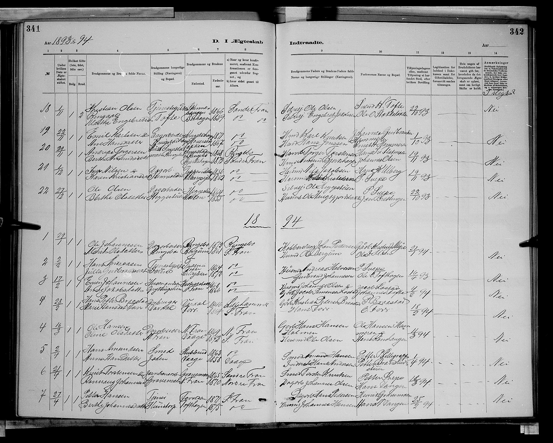 Sør-Fron prestekontor, AV/SAH-PREST-010/H/Ha/Hab/L0003: Klokkerbok nr. 3, 1884-1896, s. 341-342