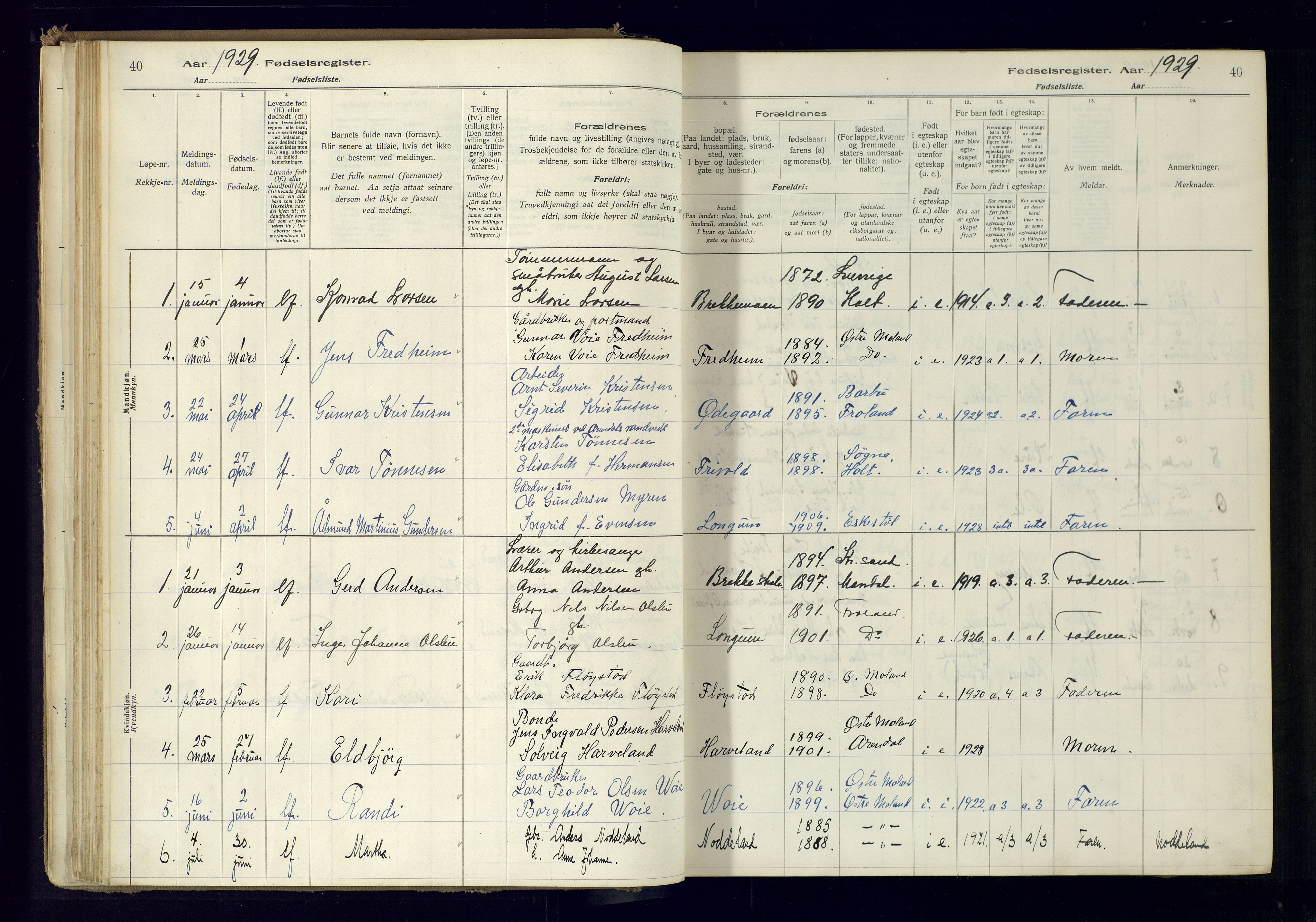 Austre Moland sokneprestkontor, AV/SAK-1111-0001/J/Ja/L0001: Fødselsregister nr. A-VI-25, 1916-1975, s. 40