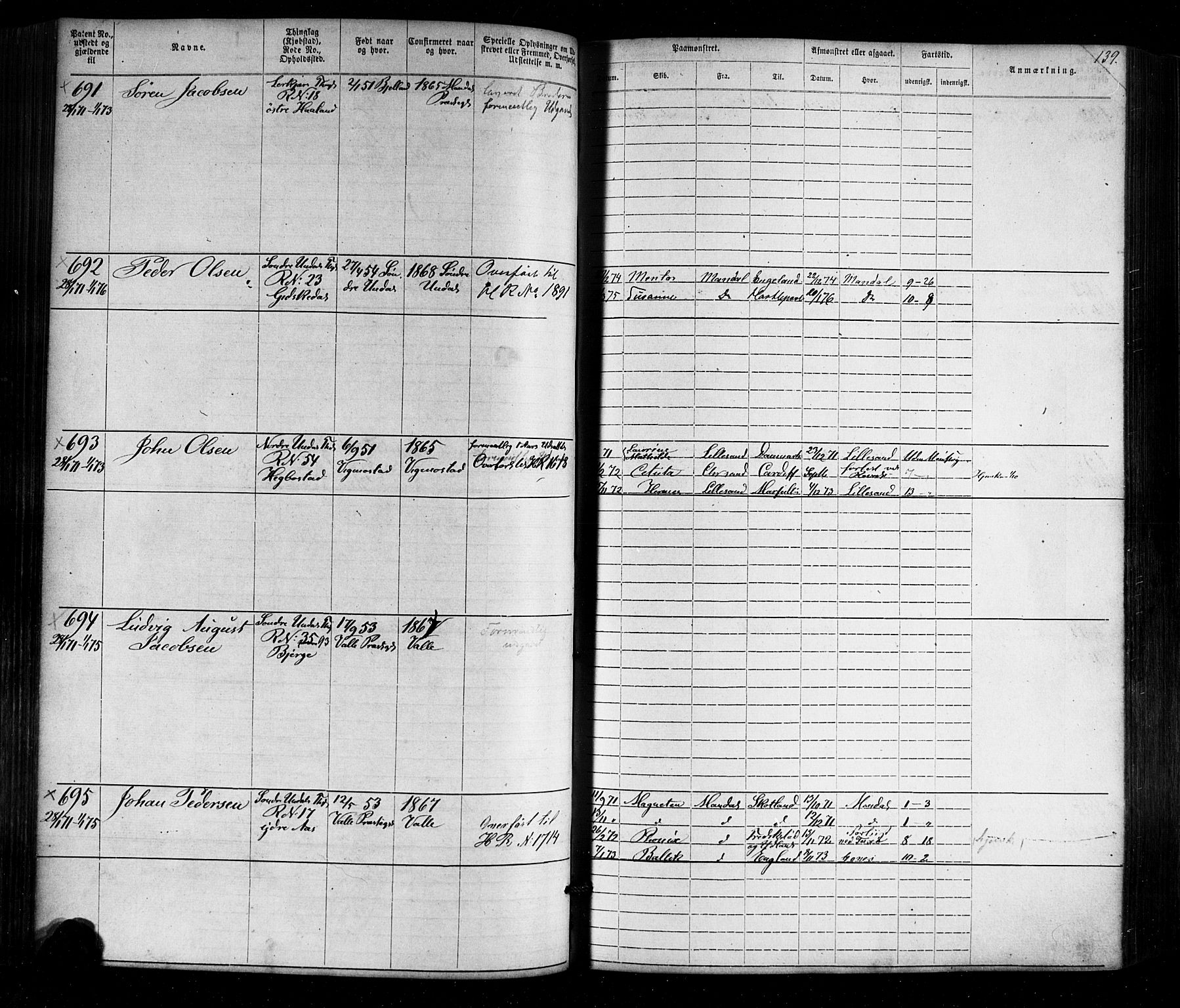 Mandal mønstringskrets, AV/SAK-2031-0016/F/Fa/L0005: Annotasjonsrulle nr 1-1909 med register, Y-15, 1868-1880, s. 171