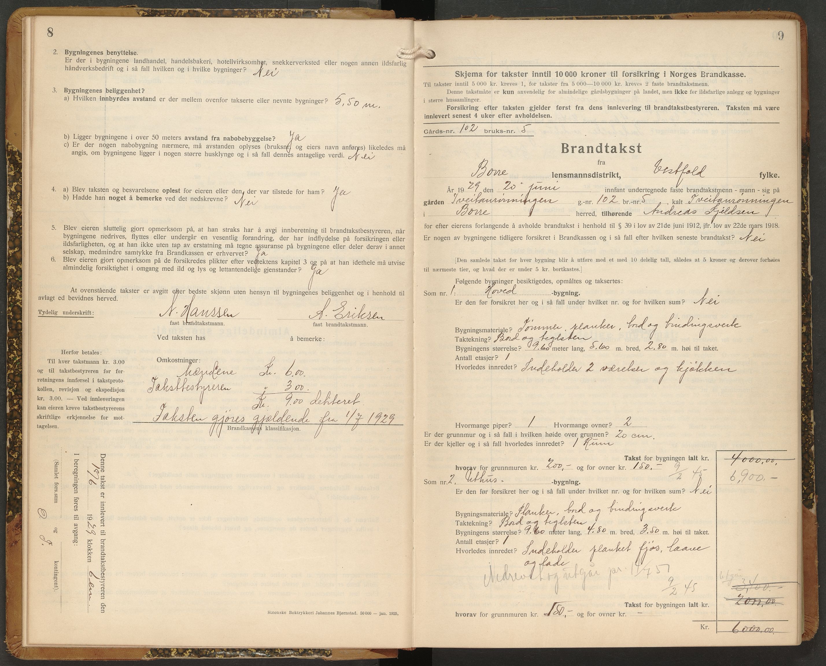 Borre lensmannskontor, AV/SAKO-A-533/Y/Yb/Ybb/L0004: Skjematakstprotokoll, 1929-1935
