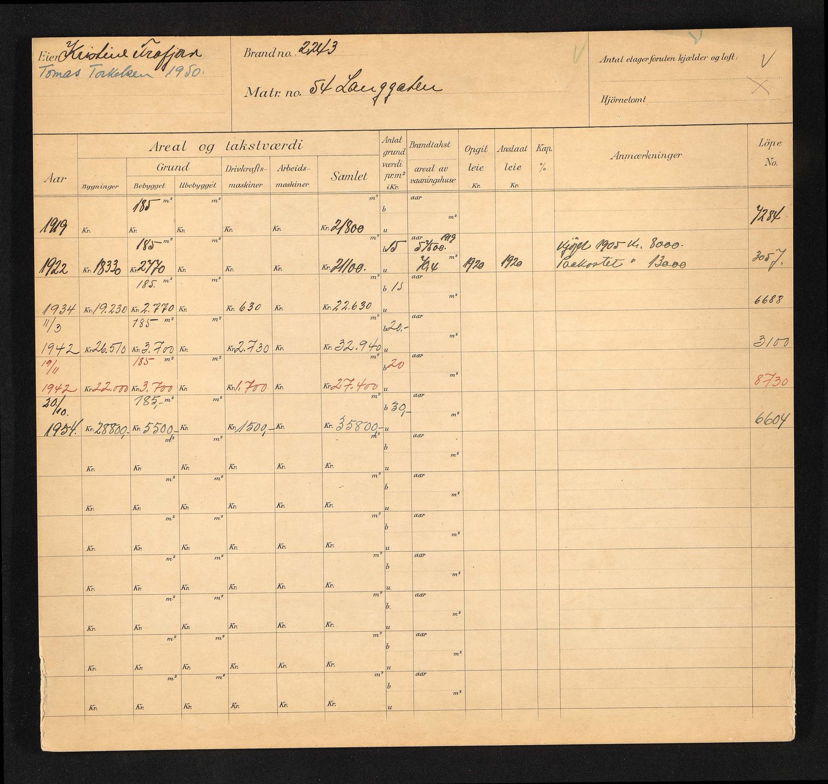 Stavanger kommune. Skattetakstvesenet, BYST/A-0440/F/Fa/Faa/L0027/0008: Skattetakstkort / Langgata 53 - 74