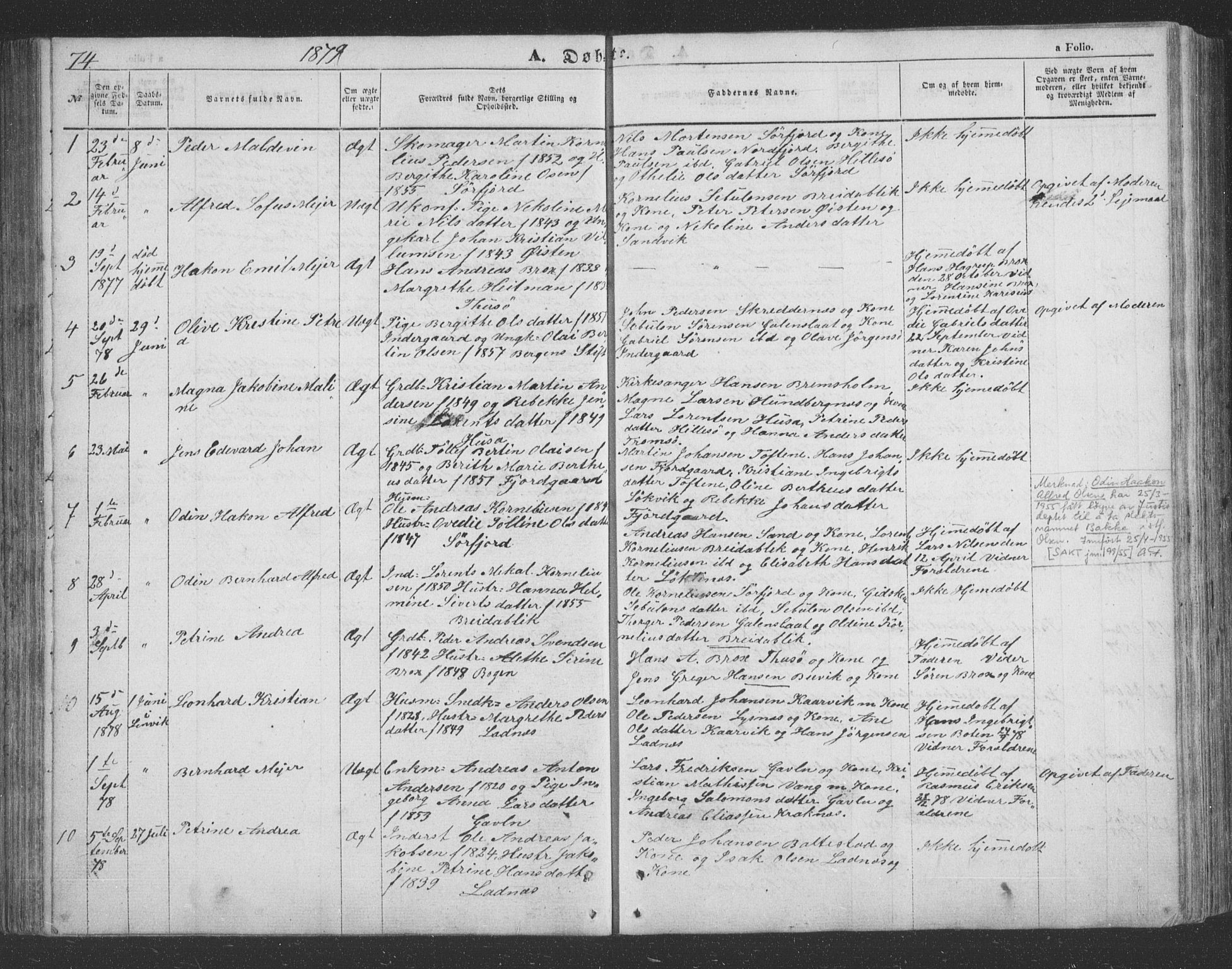 Lenvik sokneprestembete, AV/SATØ-S-1310/H/Ha/Hab/L0020klokker: Klokkerbok nr. 20, 1855-1883, s. 74