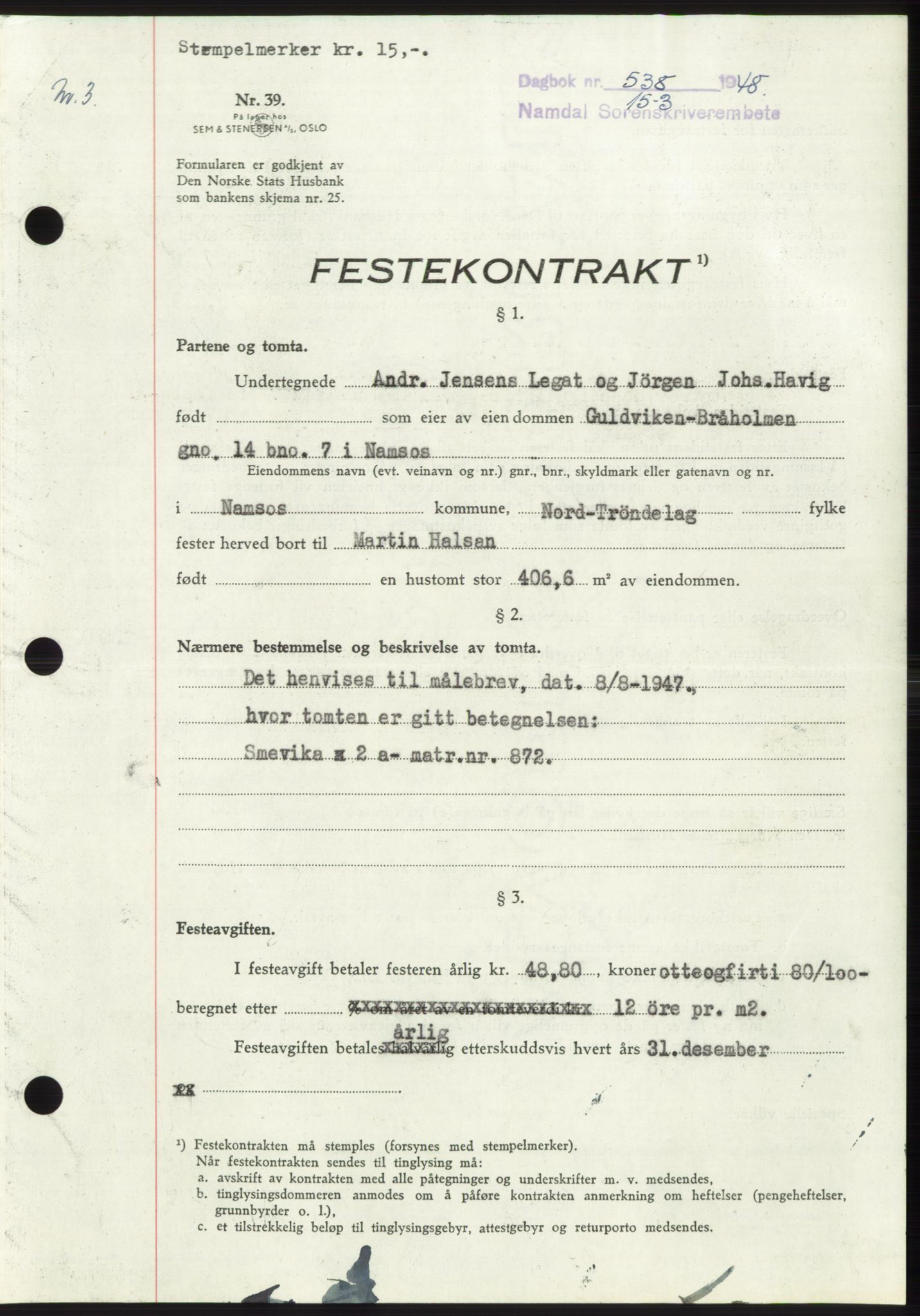 Namdal sorenskriveri, SAT/A-4133/1/2/2C: Pantebok nr. -, 1947-1948, Dagboknr: 538/1948