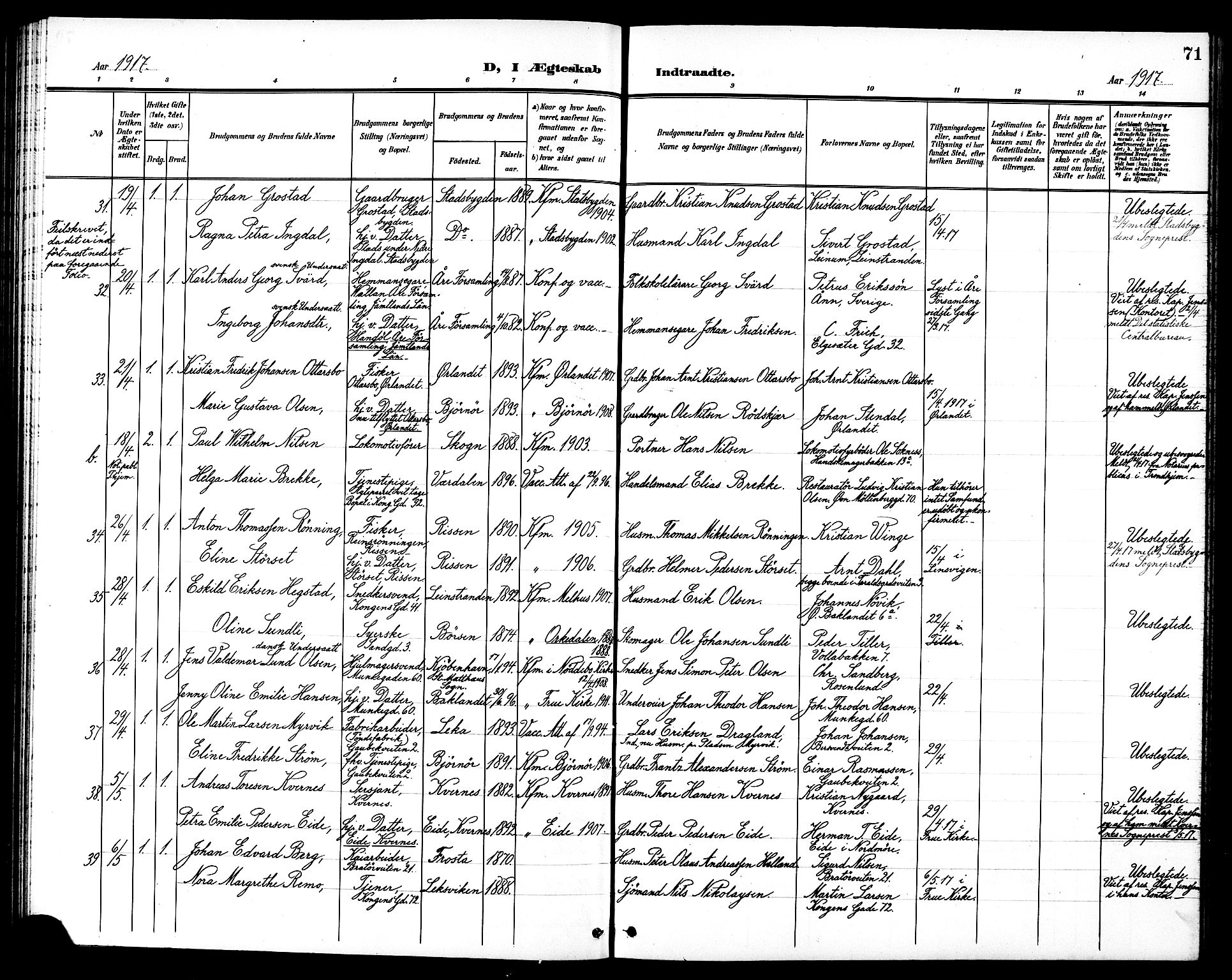 Ministerialprotokoller, klokkerbøker og fødselsregistre - Sør-Trøndelag, AV/SAT-A-1456/602/L0145: Klokkerbok nr. 602C13, 1902-1919, s. 71