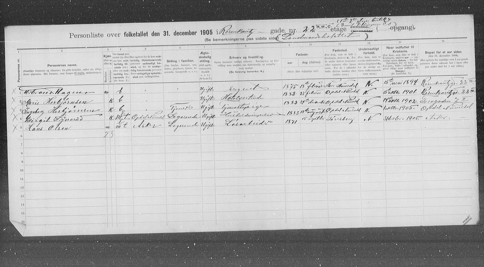 OBA, Kommunal folketelling 31.12.1905 for Kristiania kjøpstad, 1905, s. 44299