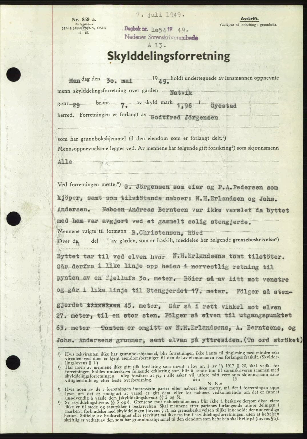 Nedenes sorenskriveri, AV/SAK-1221-0006/G/Gb/Gba/L0061: Pantebok nr. A13, 1949-1949, Dagboknr: 1054/1949