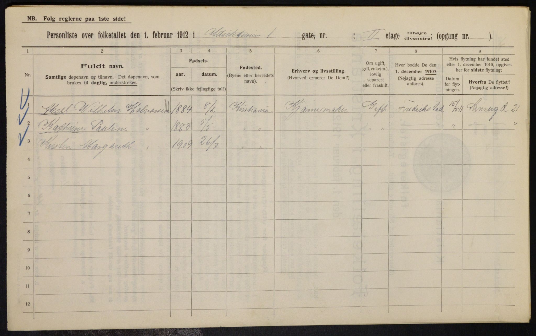 OBA, Kommunal folketelling 1.2.1912 for Kristiania, 1912, s. 121328