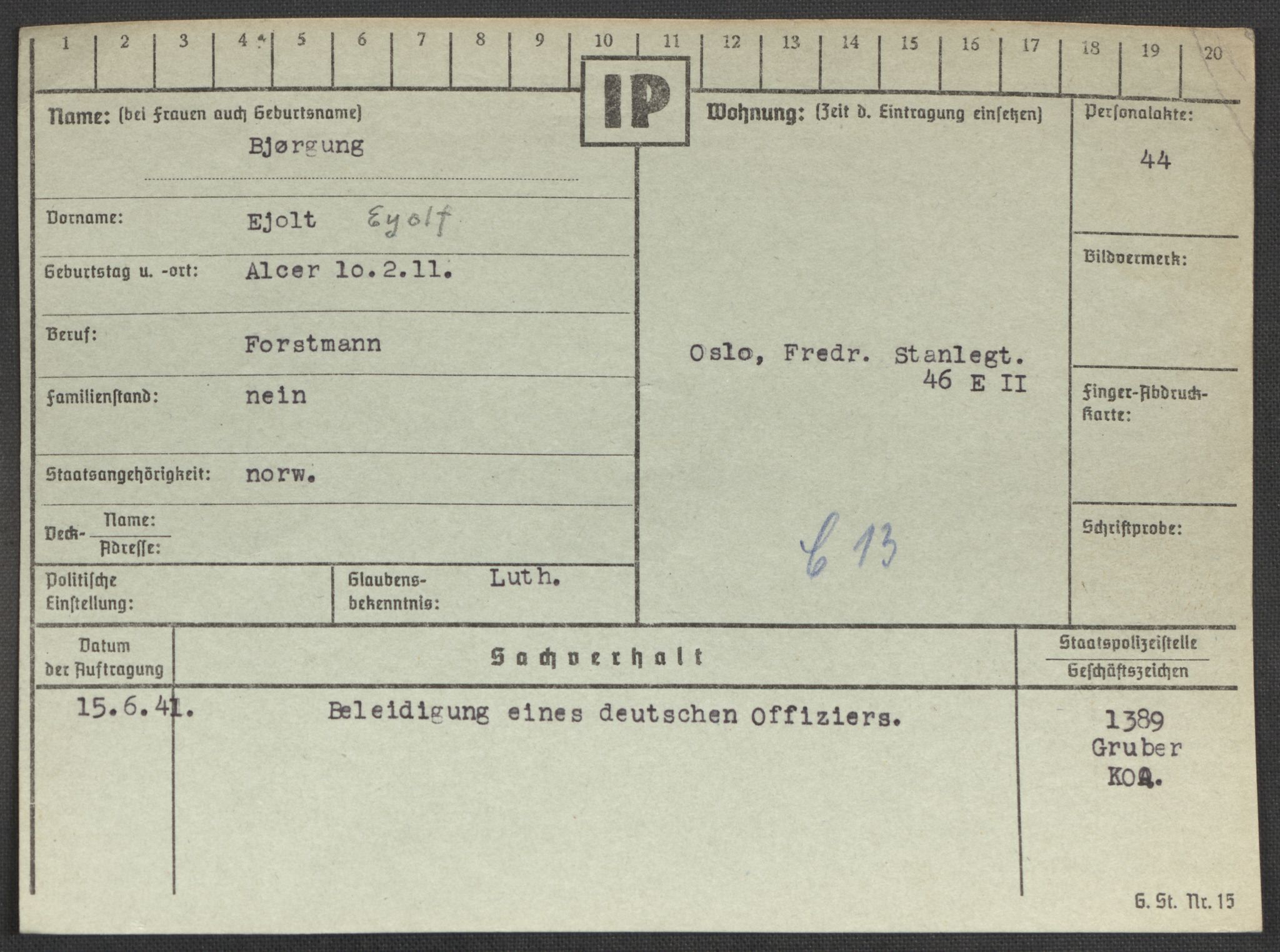 Befehlshaber der Sicherheitspolizei und des SD, AV/RA-RAFA-5969/E/Ea/Eaa/L0001: Register over norske fanger i Møllergata 19: A-Bj, 1940-1945, s. 1285