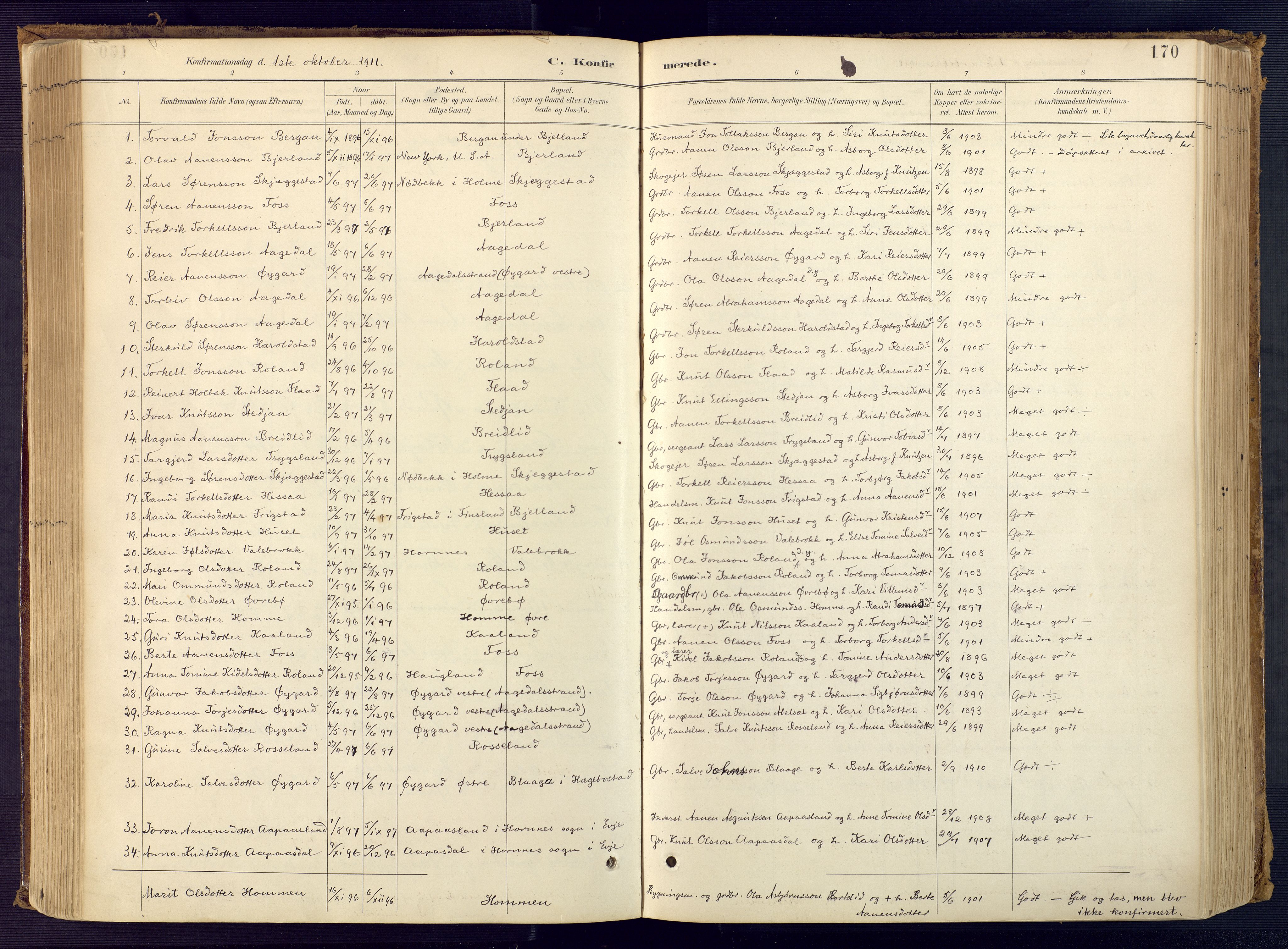 Bjelland sokneprestkontor, SAK/1111-0005/F/Fa/Faa/L0004: Ministerialbok nr. A 4, 1887-1923, s. 170