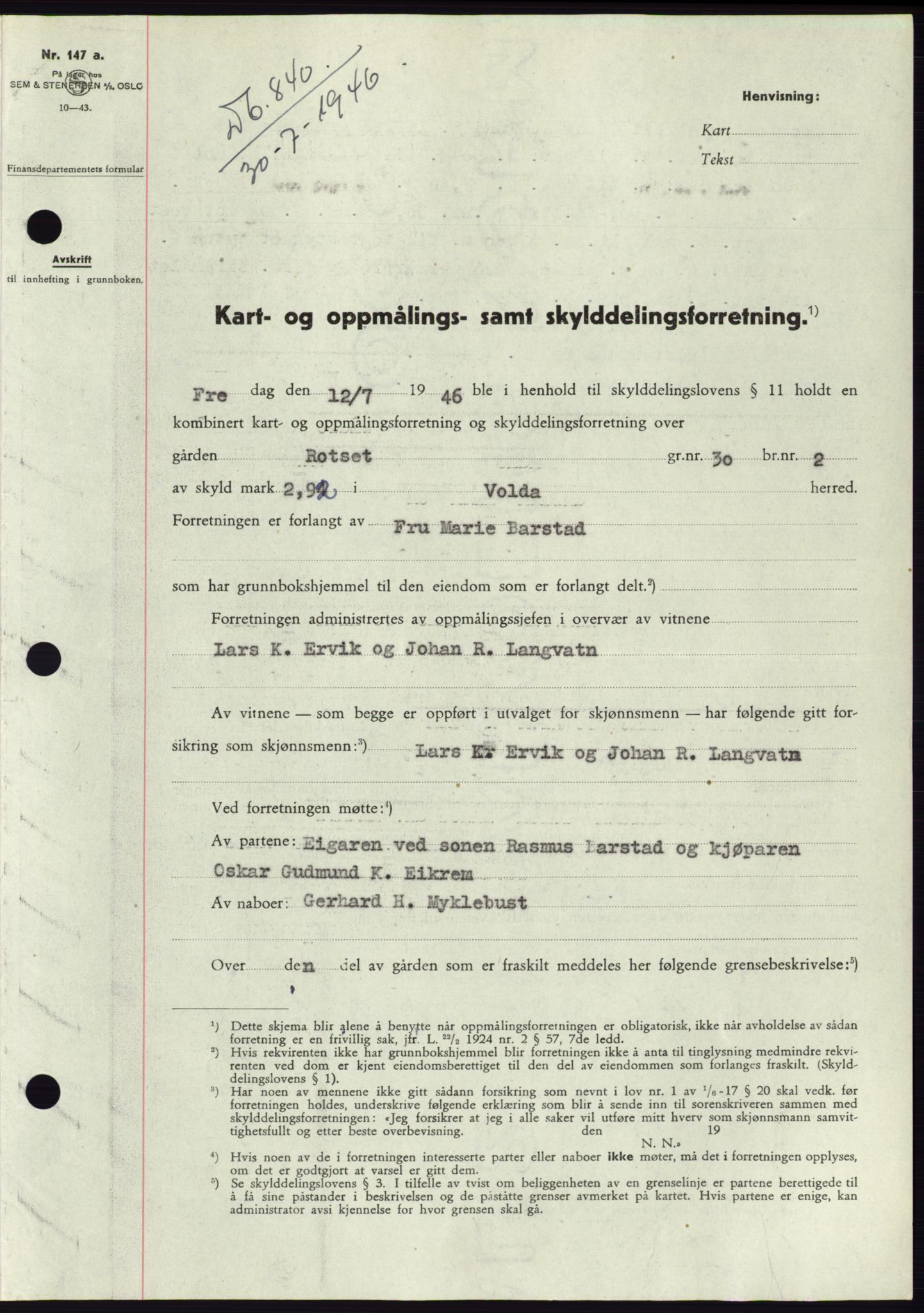 Søre Sunnmøre sorenskriveri, SAT/A-4122/1/2/2C/L0078: Pantebok nr. 4A, 1946-1946, Dagboknr: 840/1946