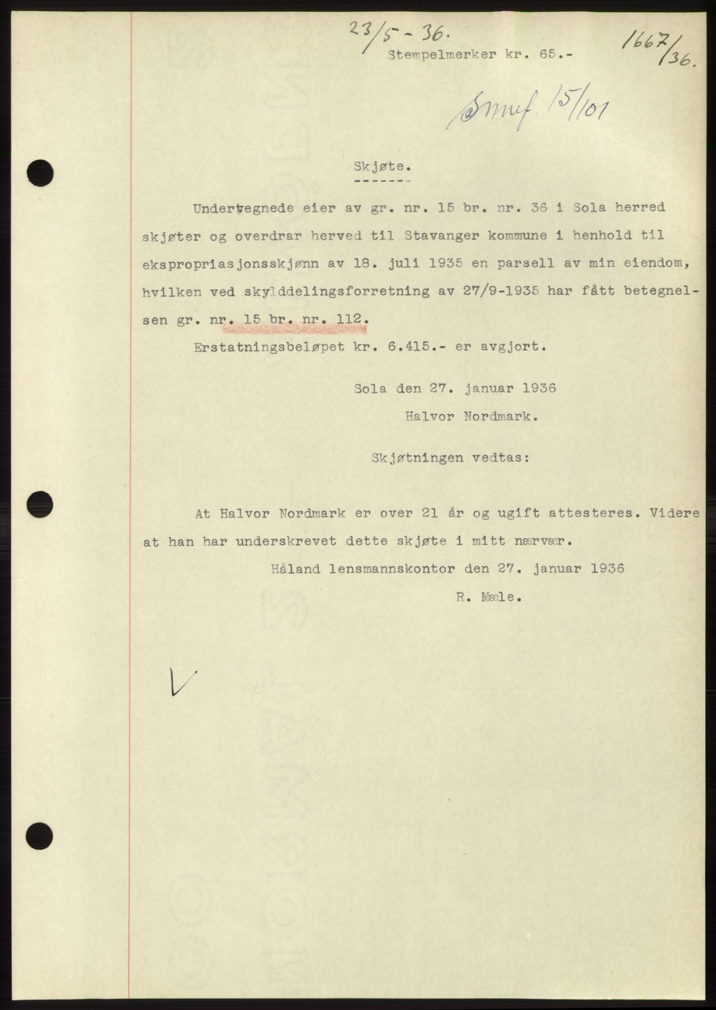 Jæren sorenskriveri, SAST/A-100310/03/G/Gba/L0065: Pantebok nr. 71, 1936-1936, Dagboknr: 1667/1936
