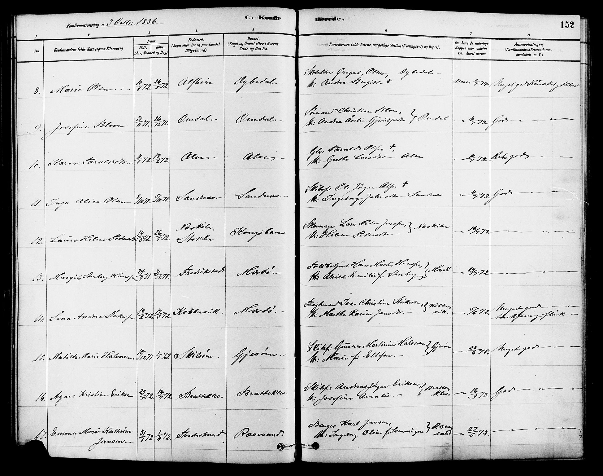 Tromøy sokneprestkontor, AV/SAK-1111-0041/F/Fa/L0009: Ministerialbok nr. A 9, 1878-1896, s. 152