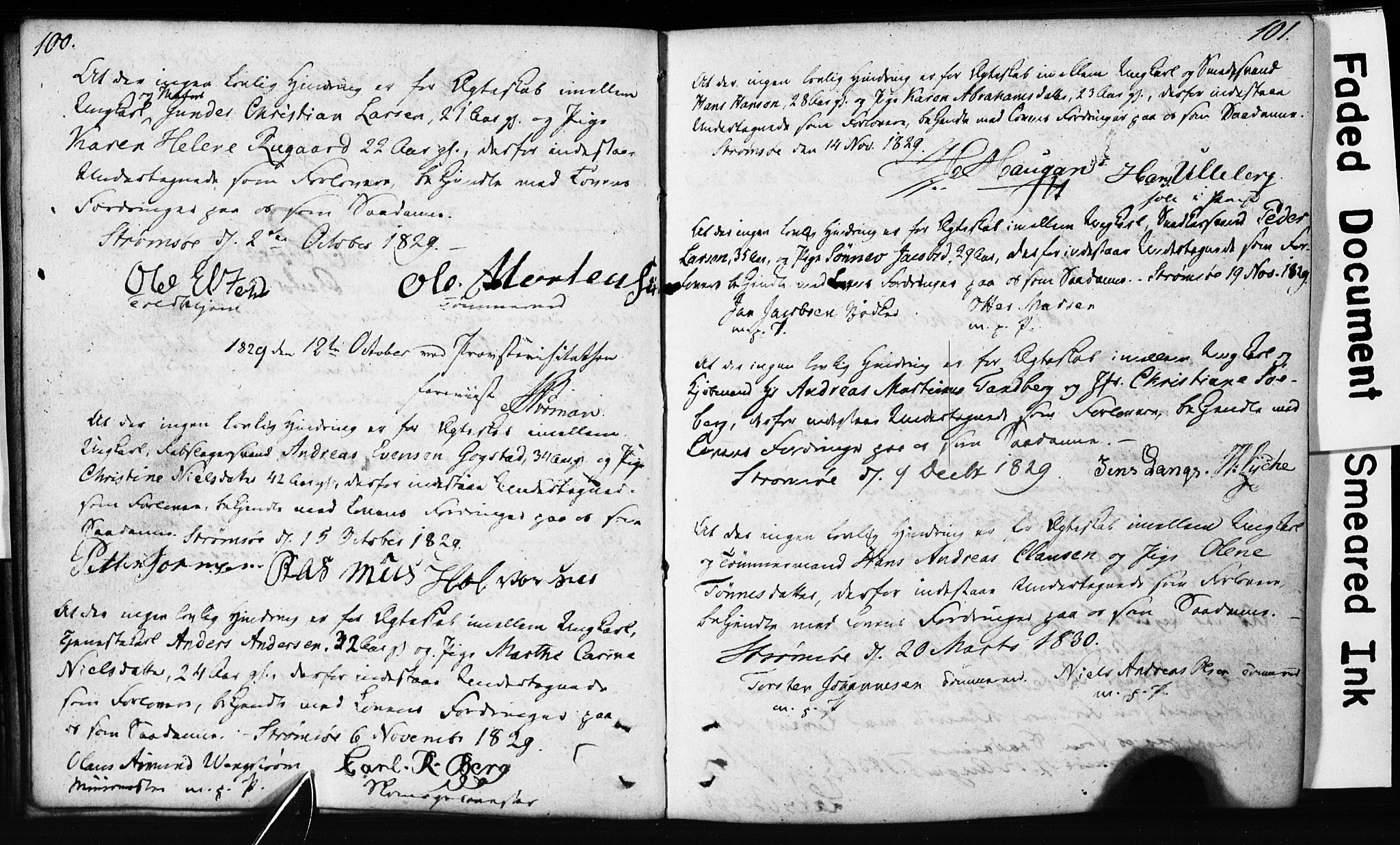 Strømsø kirkebøker, SAKO/A-246/H/Hb/L0002: Forlovererklæringer nr. 2, 1815-1857, s. 100-101