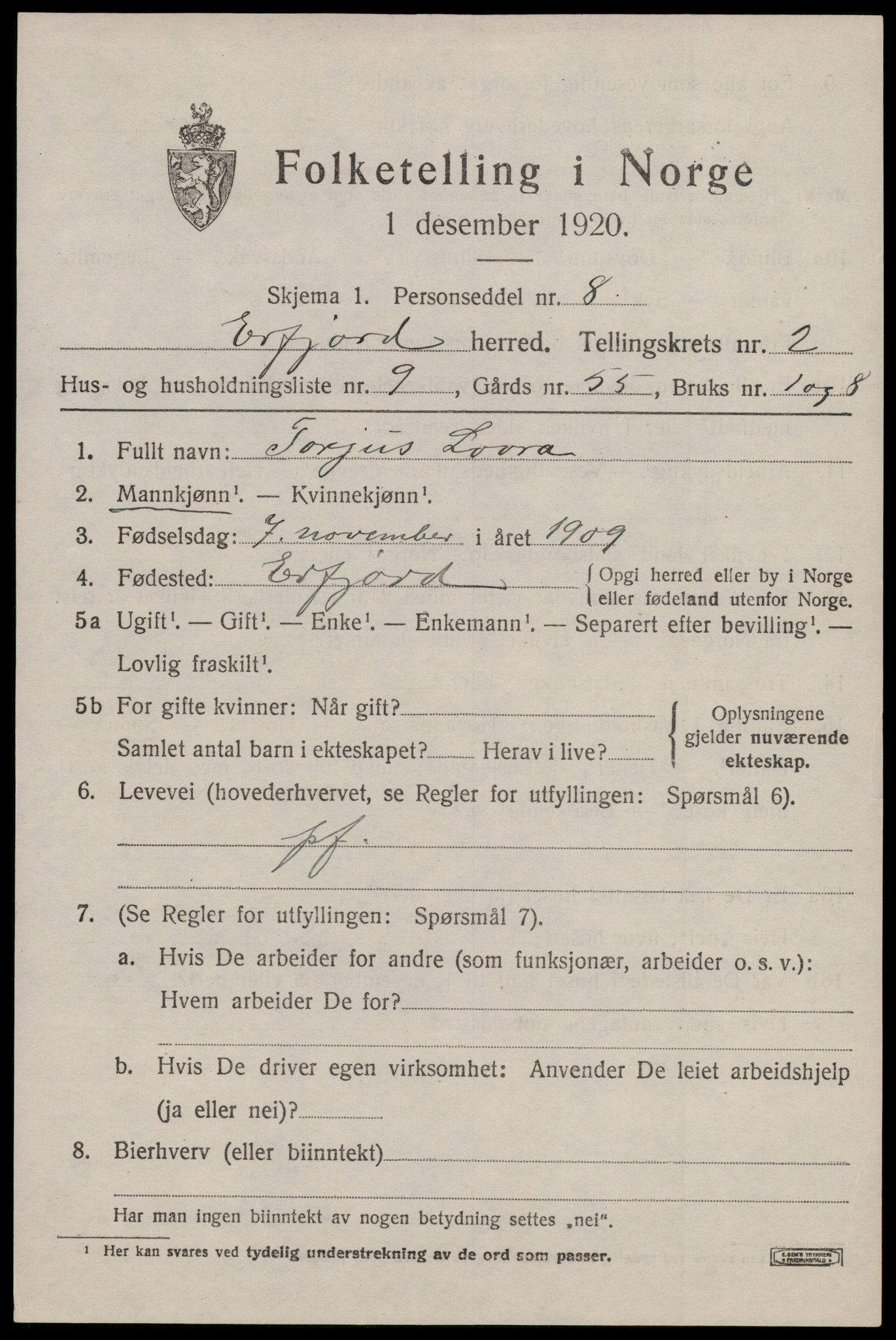 SAST, Folketelling 1920 for 1137 Erfjord herred, 1920, s. 725