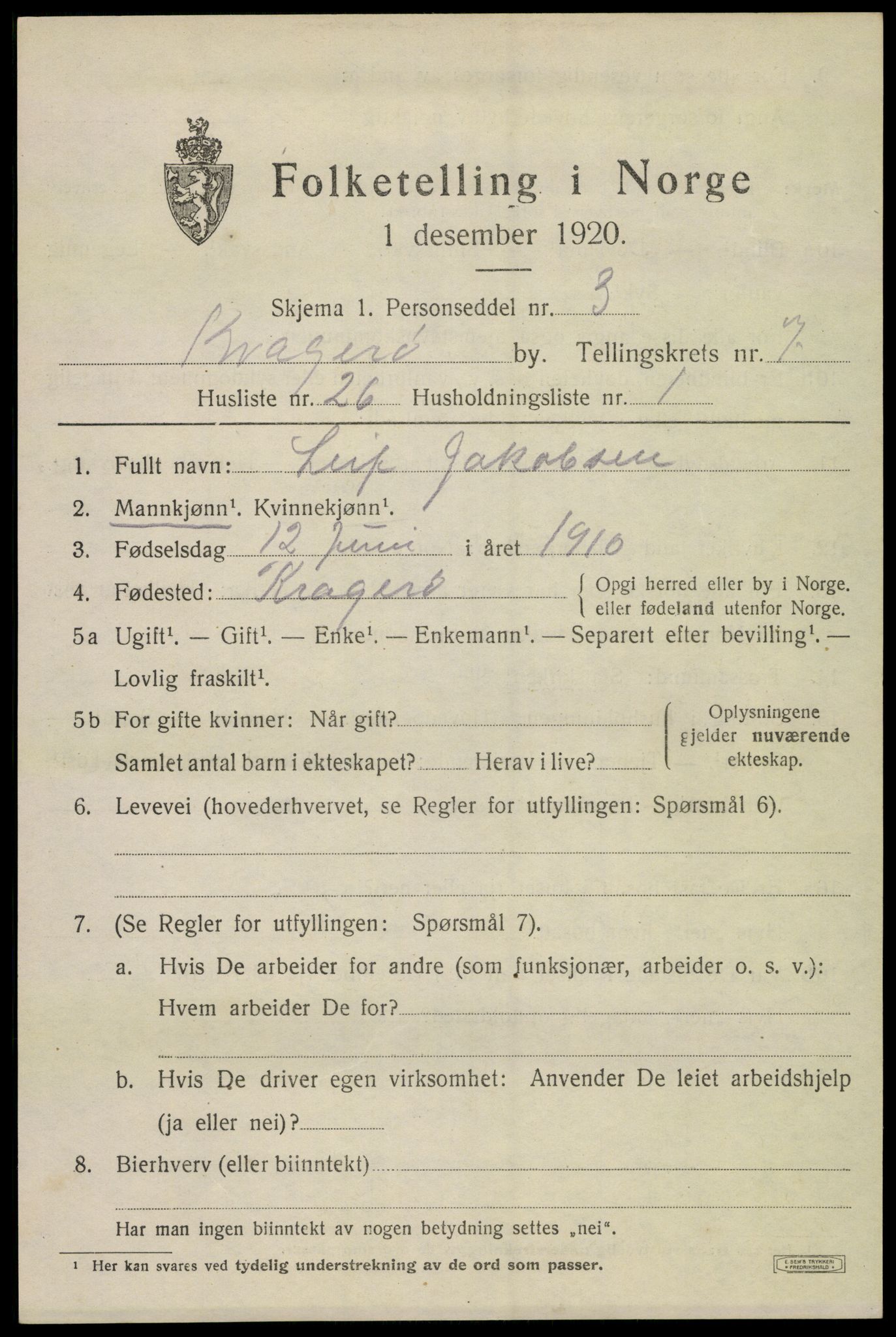 SAKO, Folketelling 1920 for 0801 Kragerø kjøpstad, 1920, s. 9979