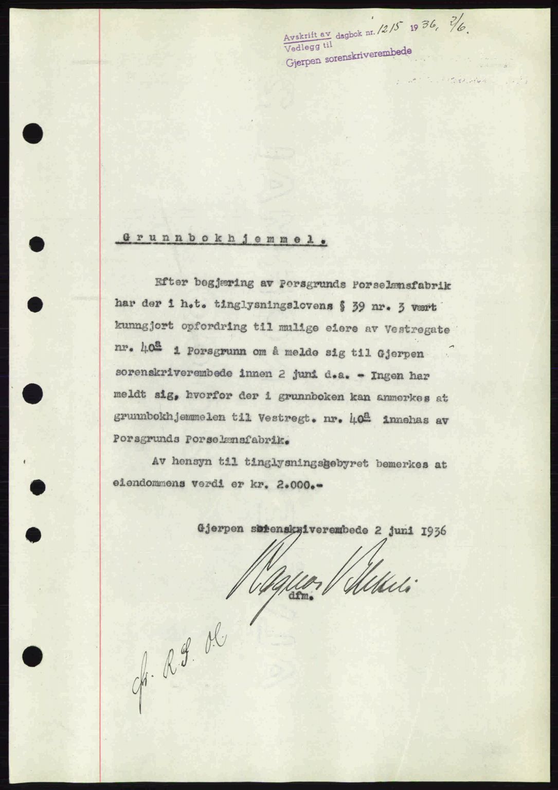 Gjerpen sorenskriveri, SAKO/A-216/G/Ga/Gae/L0067: Pantebok nr. A-66 - A-68, 1936-1937, Dagboknr: 1215/1936