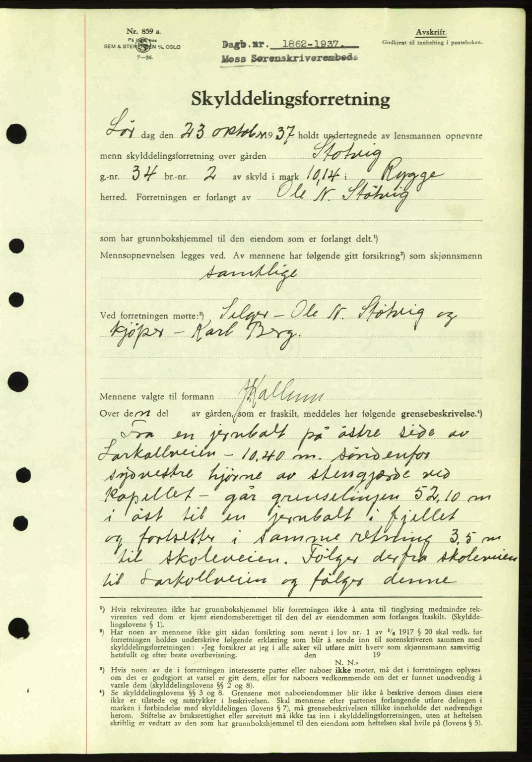 Moss sorenskriveri, SAO/A-10168: Pantebok nr. A3, 1937-1938, Dagboknr: 1862/1937