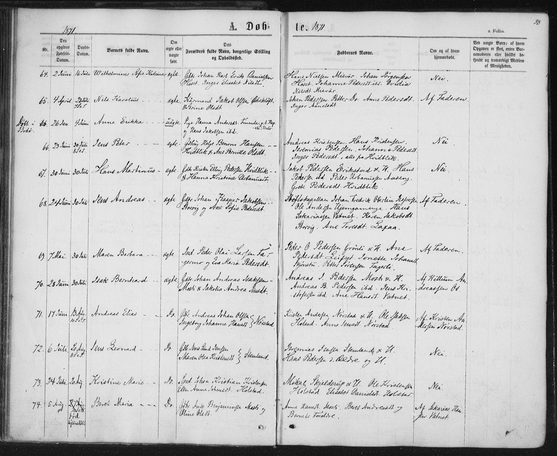 Ministerialprotokoller, klokkerbøker og fødselsregistre - Nordland, AV/SAT-A-1459/852/L0739: Ministerialbok nr. 852A09, 1866-1877, s. 38