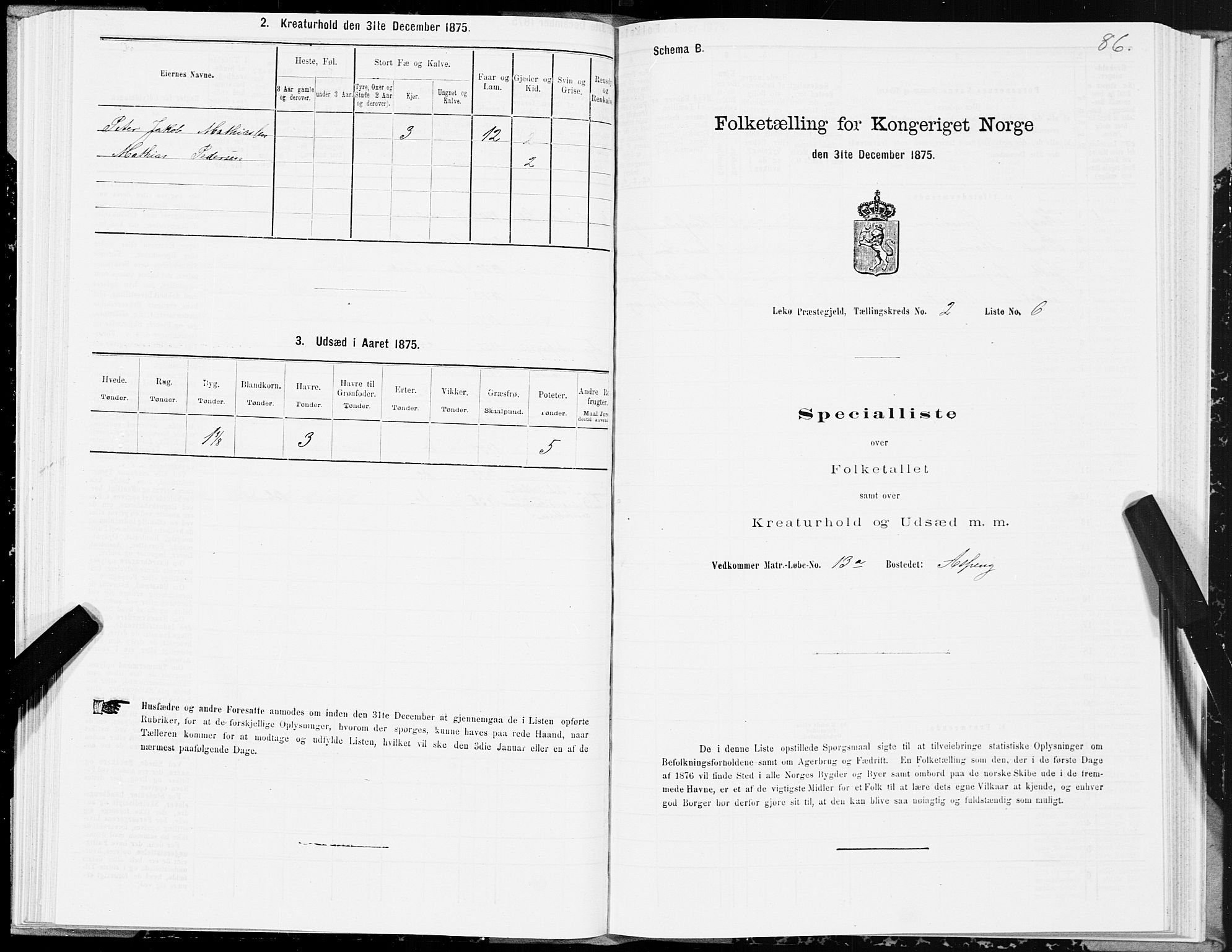 SAT, Folketelling 1875 for 1755P Leka prestegjeld, 1875, s. 1086