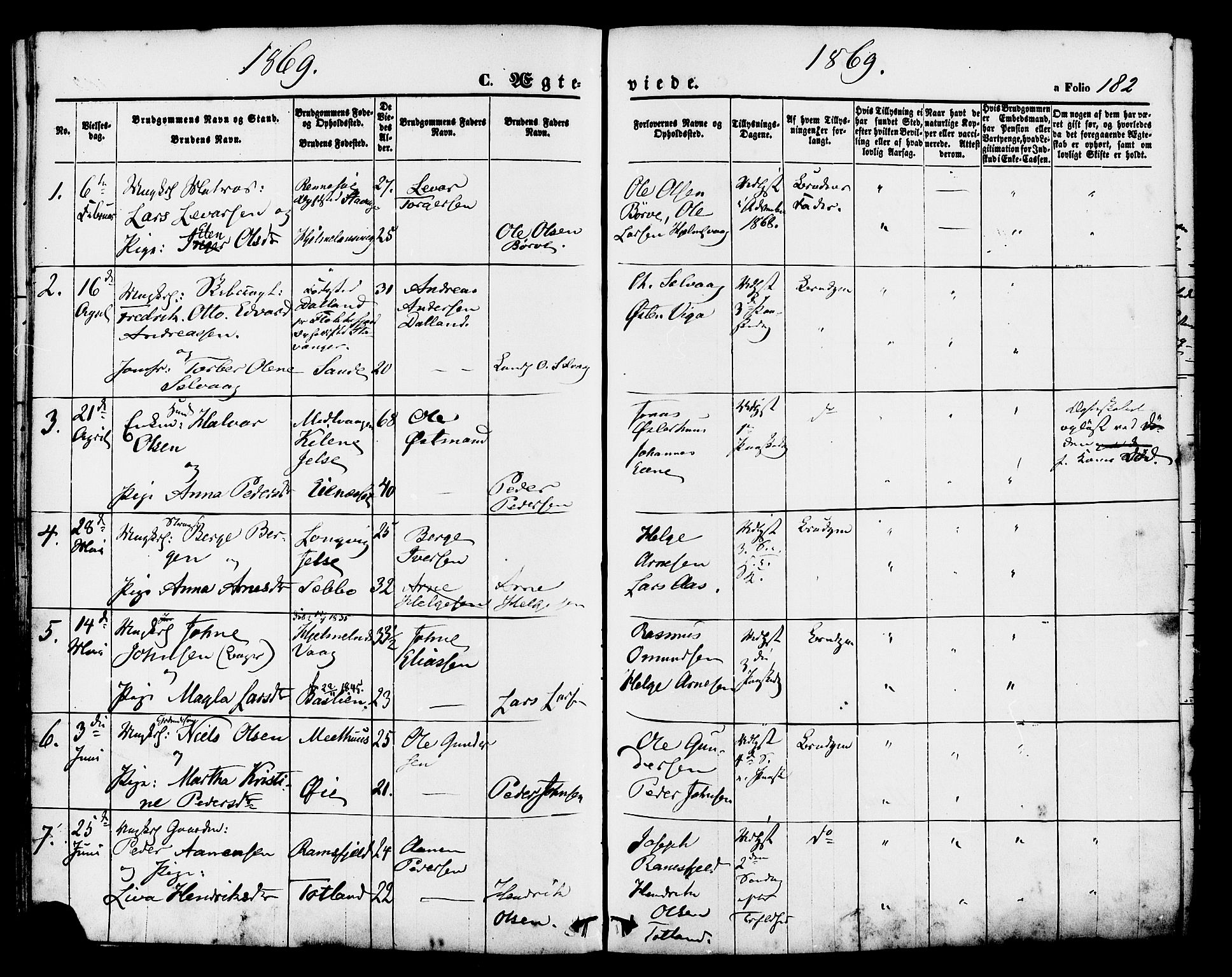 Hjelmeland sokneprestkontor, AV/SAST-A-101843/01/IV/L0011: Ministerialbok nr. A 11, 1861-1878, s. 182